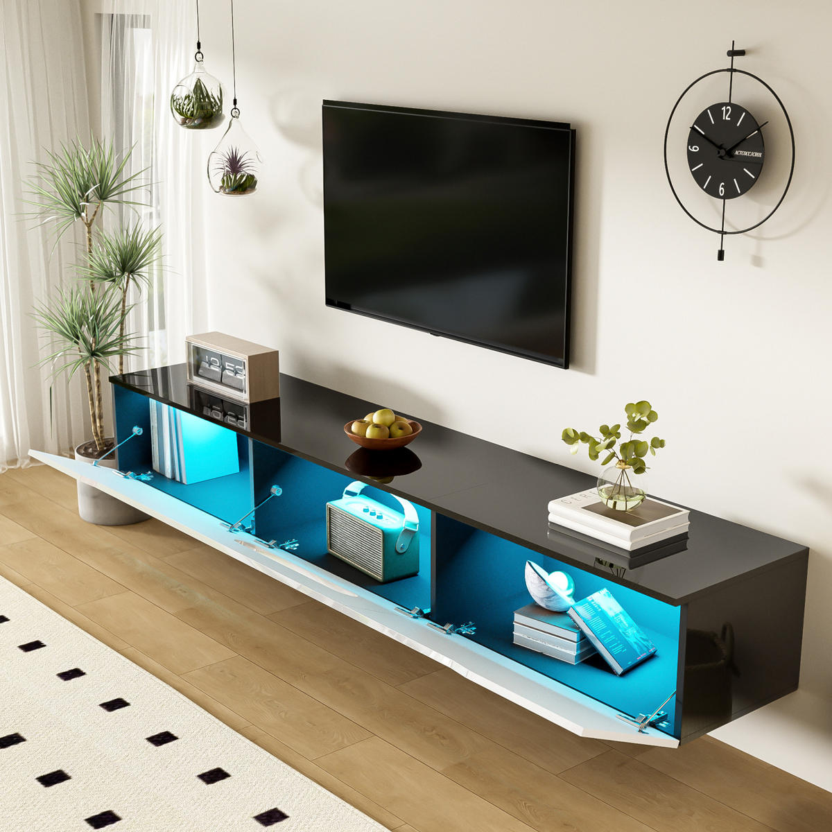 TV Lowboard LED, hängend, 3 Klapptüren, Weiß Schwarz - Weiß, Holz (180/30/35cm)