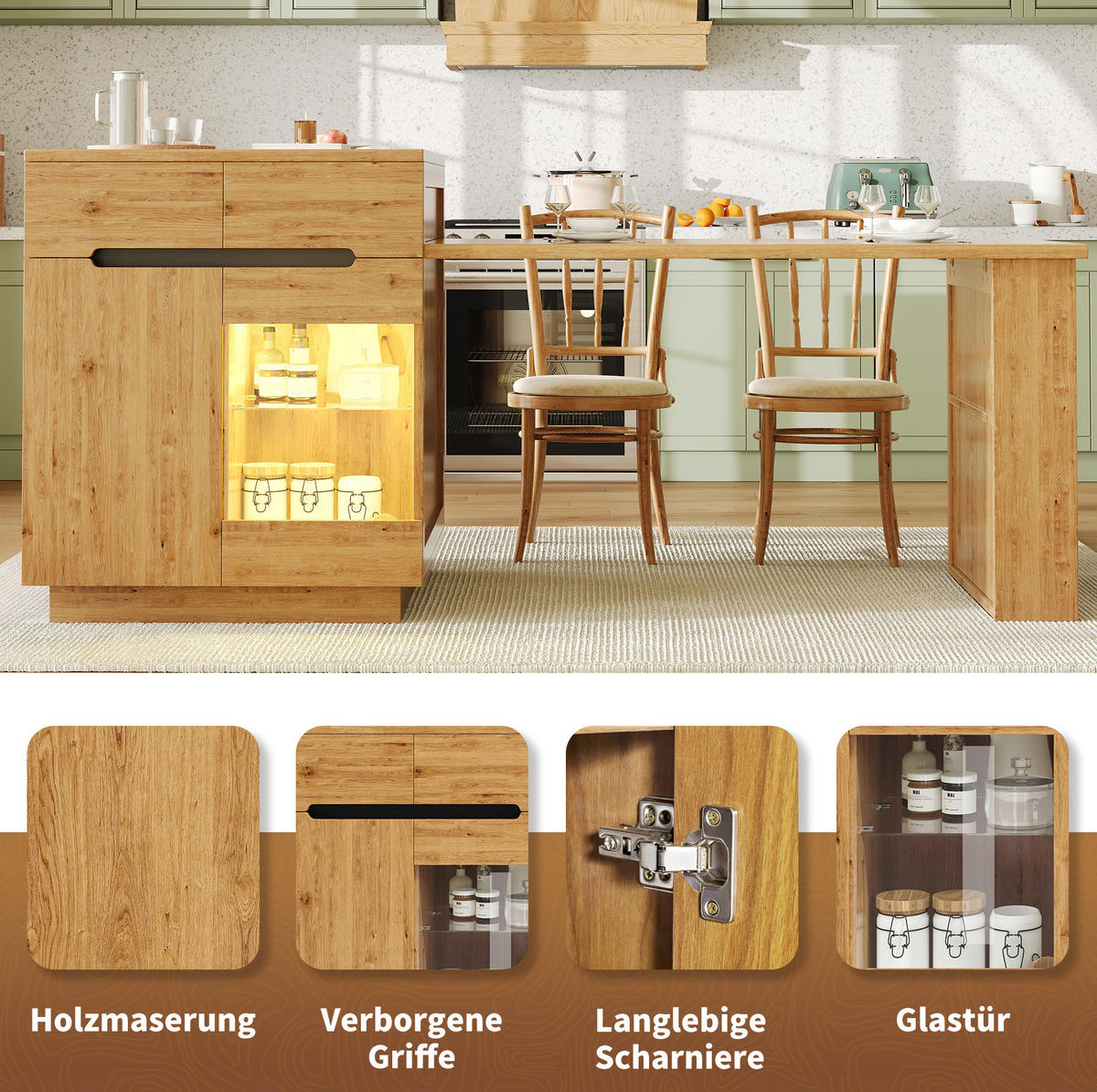 KÜCHENINSEL 122-195/70/93,5 cm mit ausziehbarem Tisch, LED-Beleuchtung und viel Stauraum, Holzfarben - Braun, Holzwerkstoff (122/93.5/70cm) - Redom