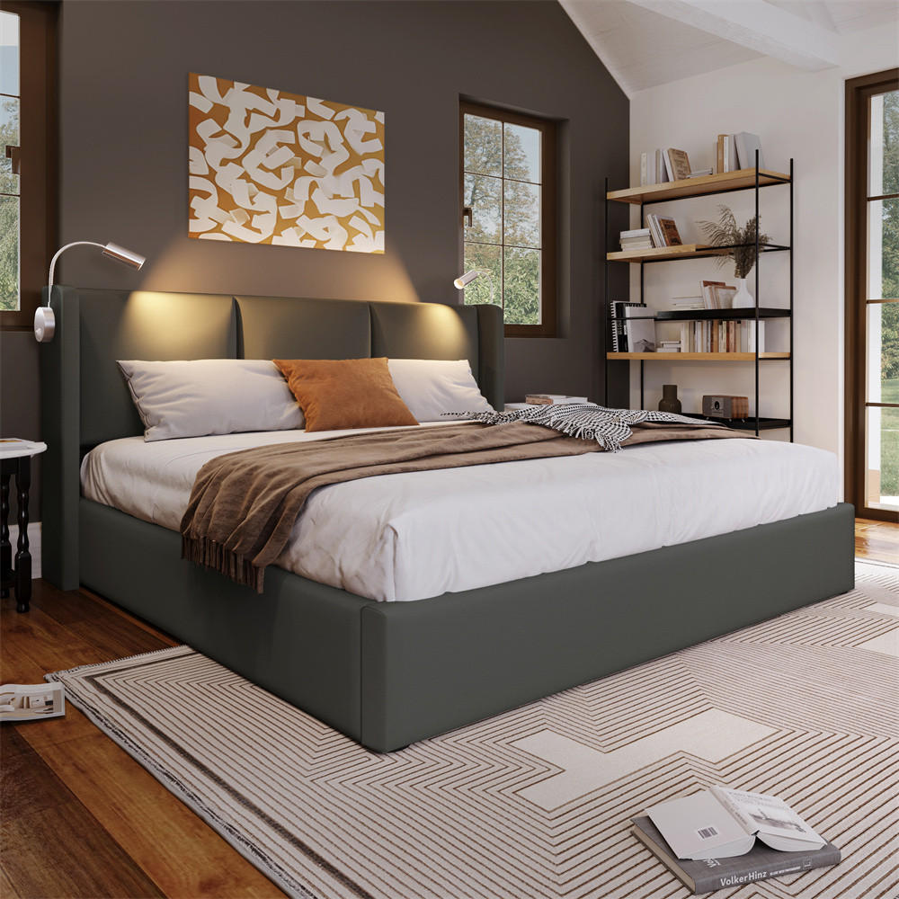 POLSTERBETT 140/200 cm in Grau PU mit mit USB Ladefunktion Kopfteil - Grau, Holz/Textil (140/200cm) - KOMHTOM