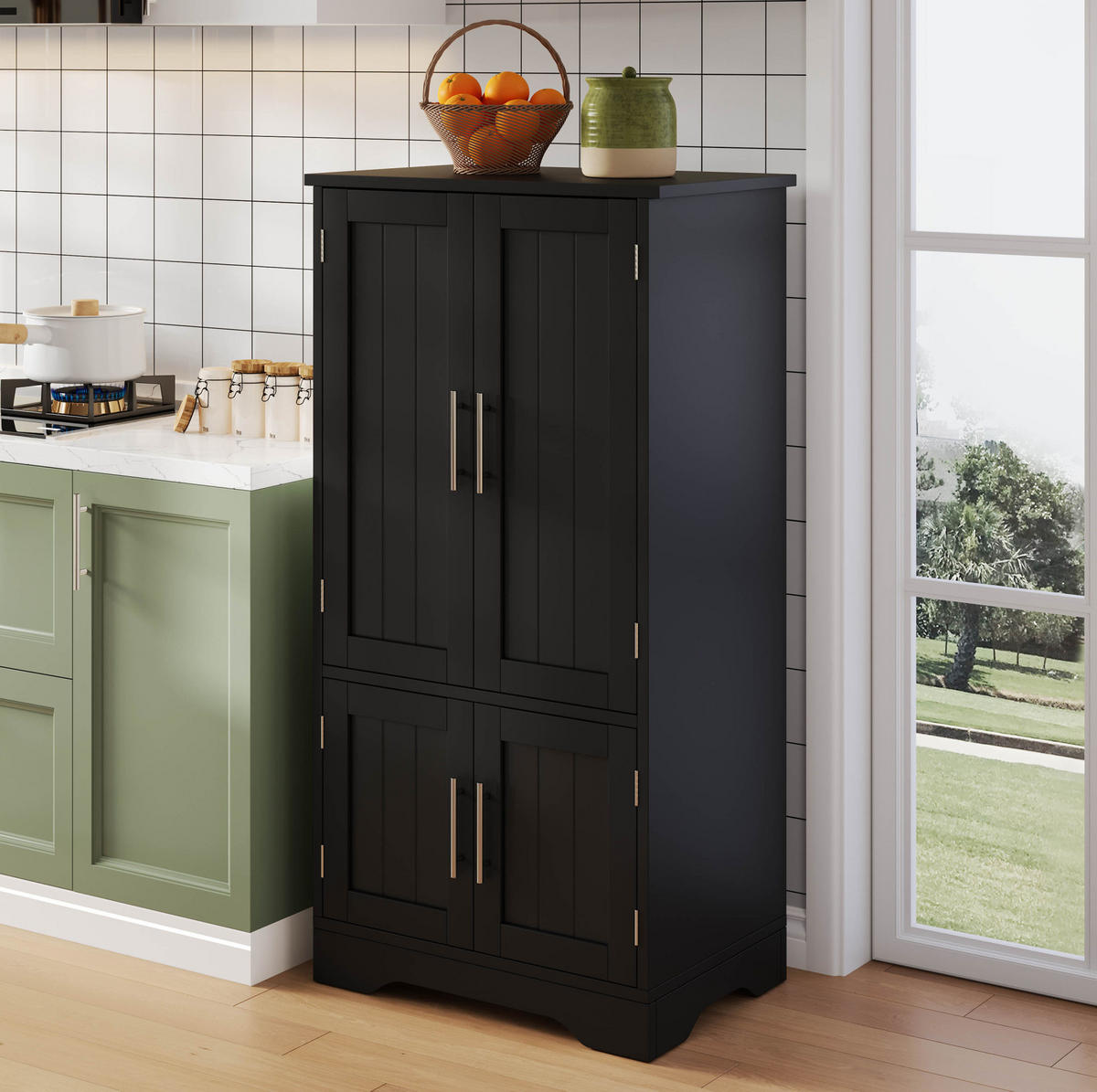 BUFFET Aufbewahrungsschrank 120x60x40cm Schwarz mit LED Licht & Wellentüren - Schwarz, Holzwerkstoff (40/120/60cm) - Modfu
