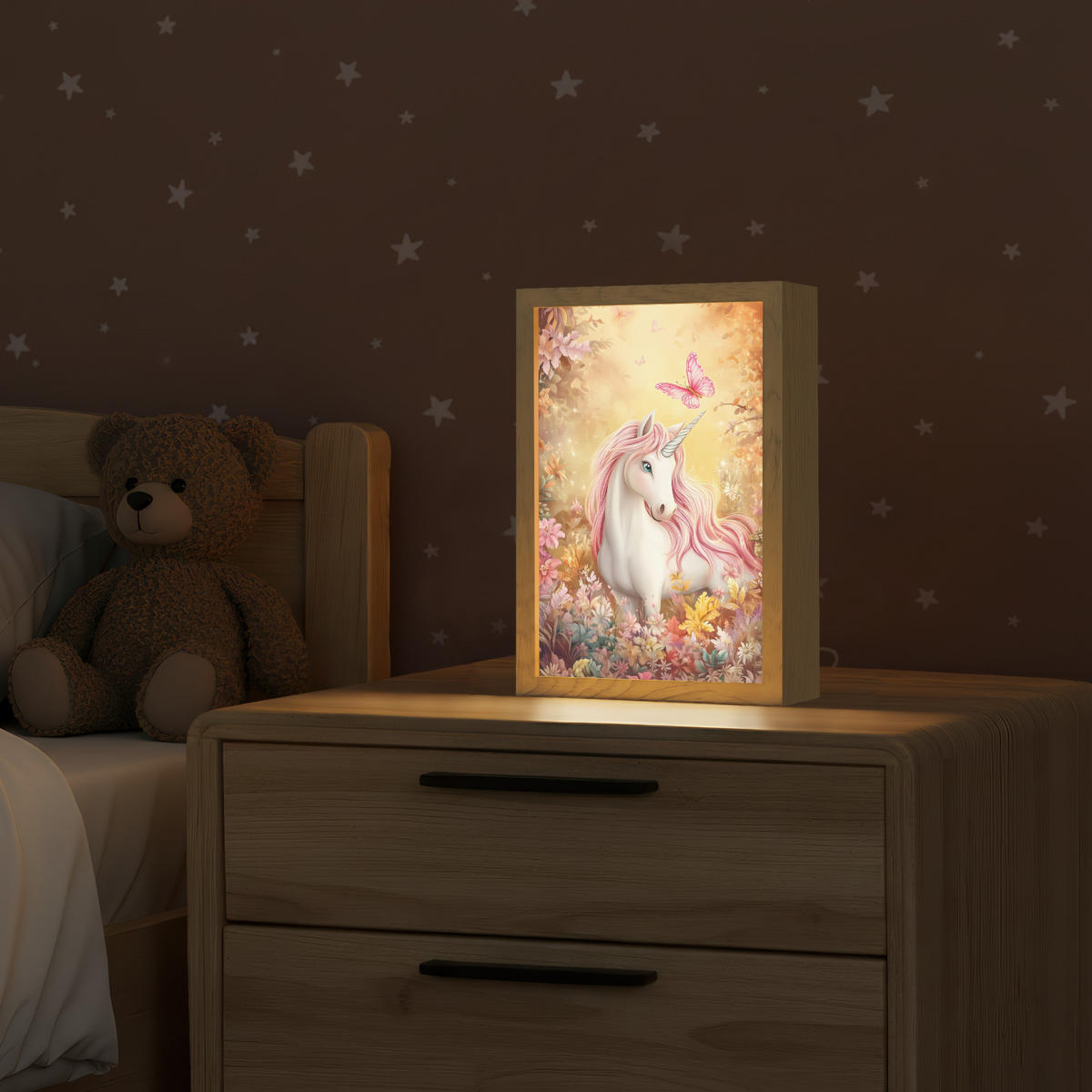 NÁSTĚNNÁ LAMPA Jednorožec - Květiny - Motýl - Růžová 20x30 cm - béžová, kompozitní dřevo (20/30/8cm) - OnlyWow