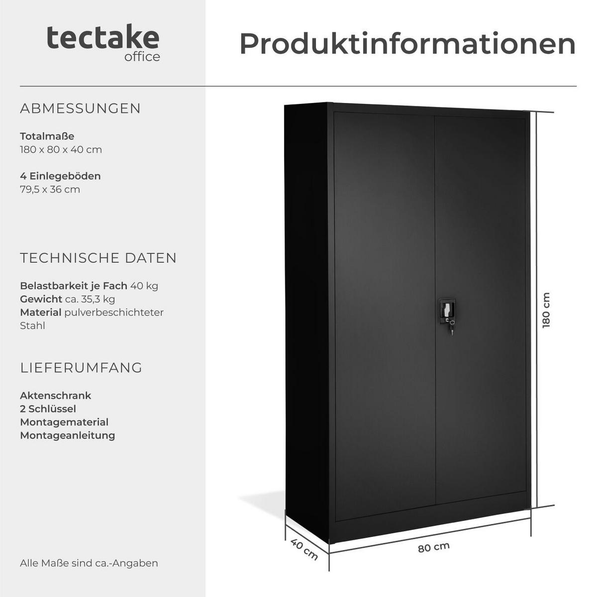 AKTENSCHRANK Blain,180 x 80 x 40 cm,schwarz - Schwarz, Metall (40/180/80cm) - tectake