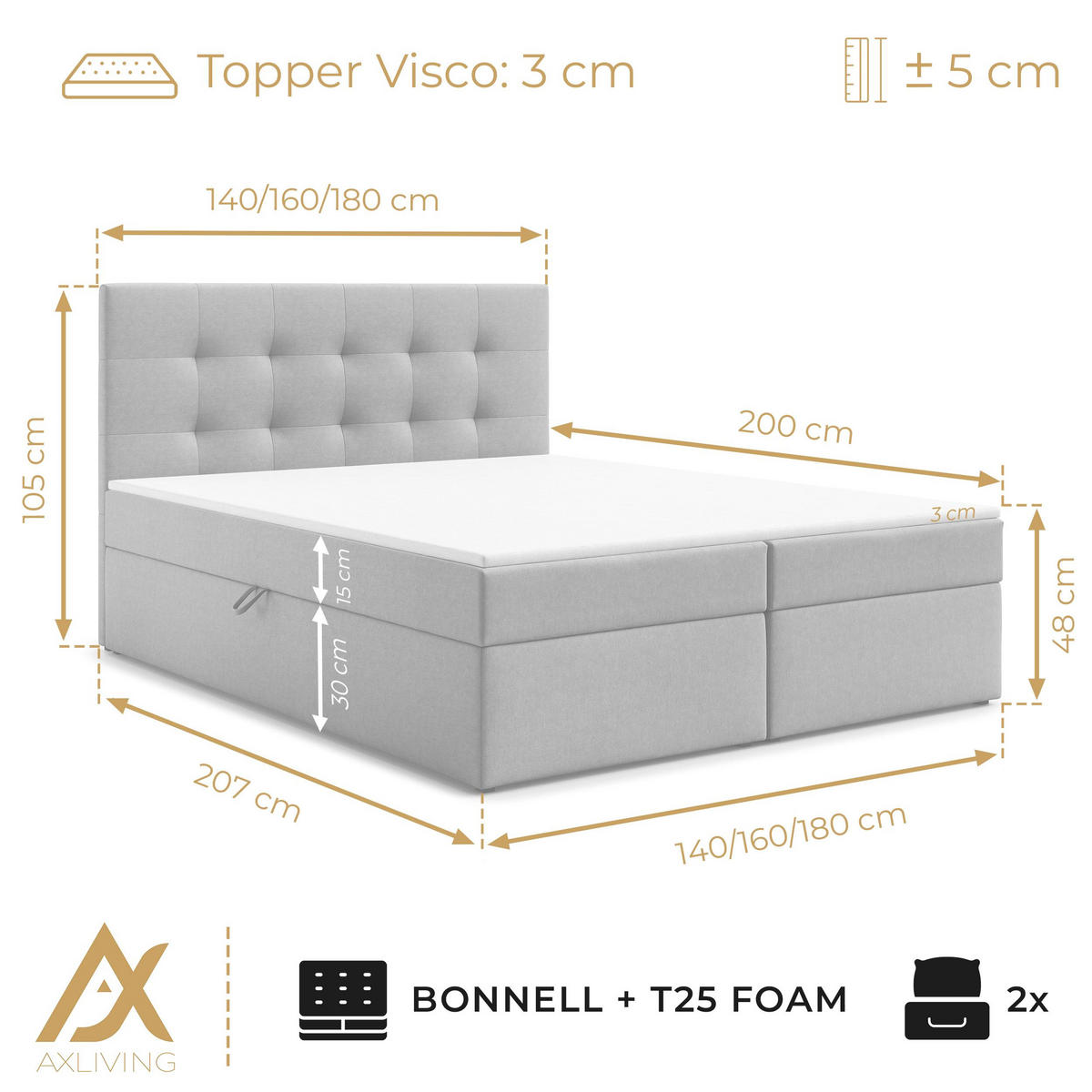 BOXBETT GALATA 140x200 cm mit Bettkasten und Matratze - Beige + TOPPER - Beige/Schwarz, Holz/Holzwerkstoff (140/200cm) - AX Living