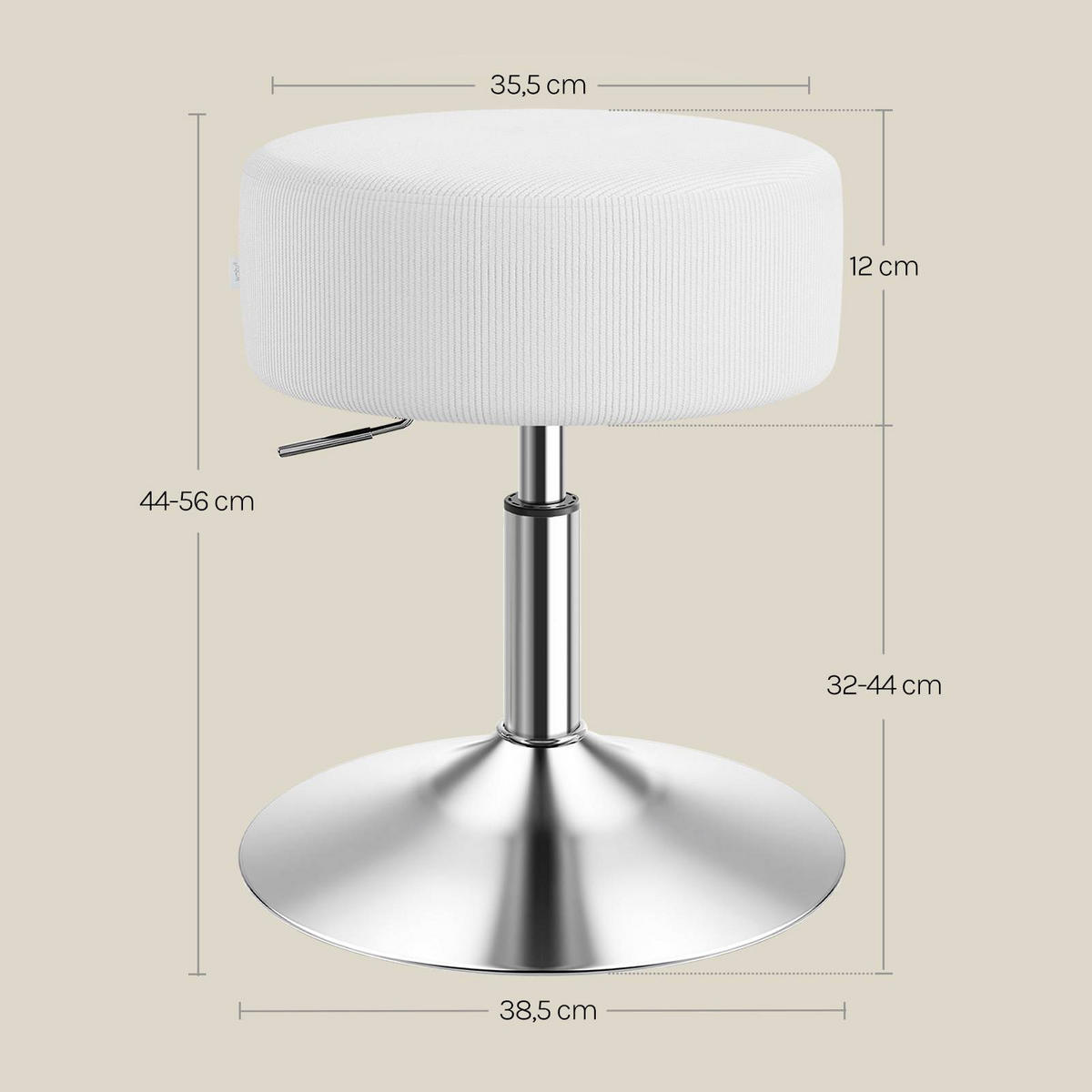 SITZHOCKER rund, drehbar, Cord-Sitzfläche, Weiß - Silberfarben/Weiß, Textil/Metall (38.5/56/38.5cm) - Woltu