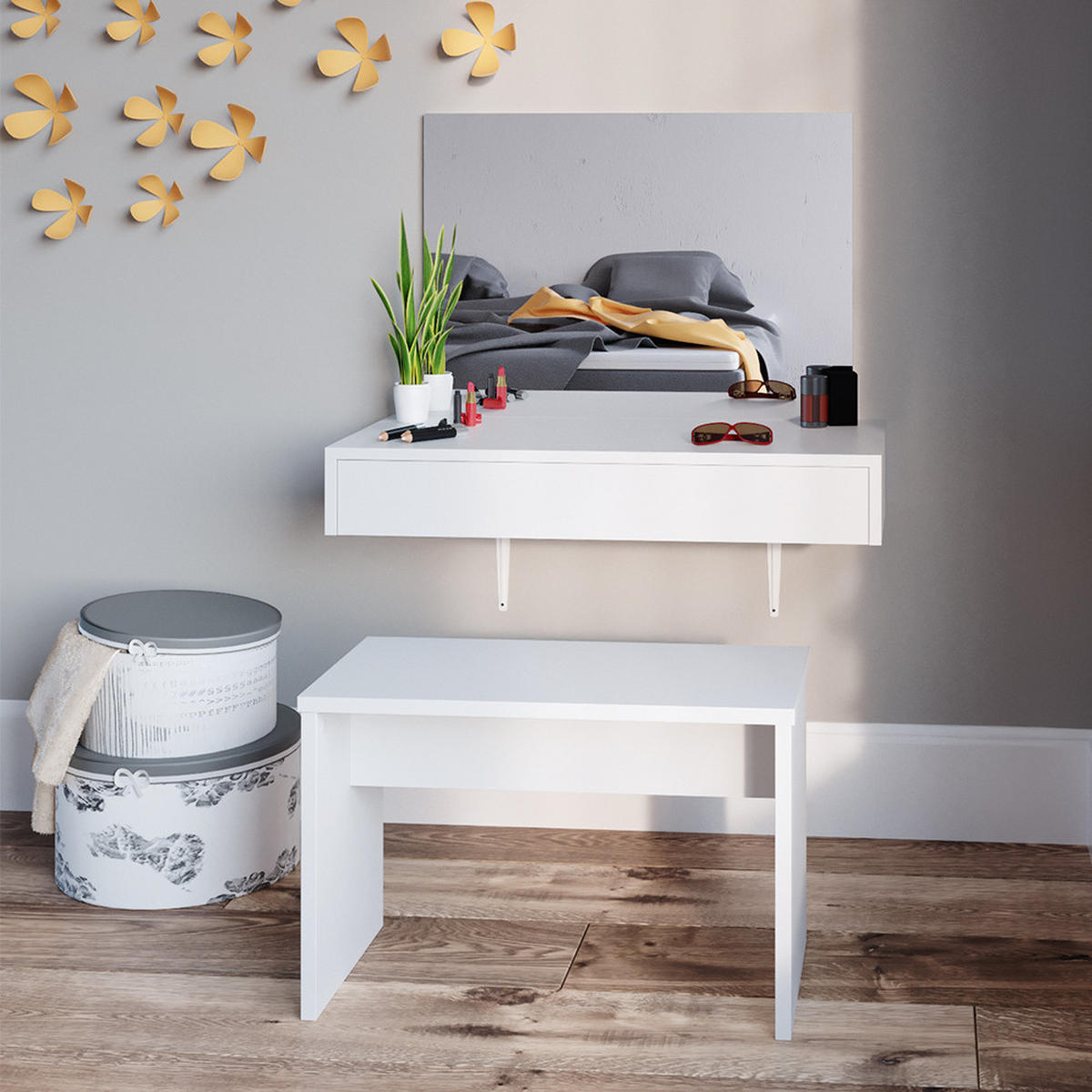 SITZBANK Weiß 70 cm für Schminktisch - Weiß, Holzwerkstoff (70/45.5/35cm) - Vicco