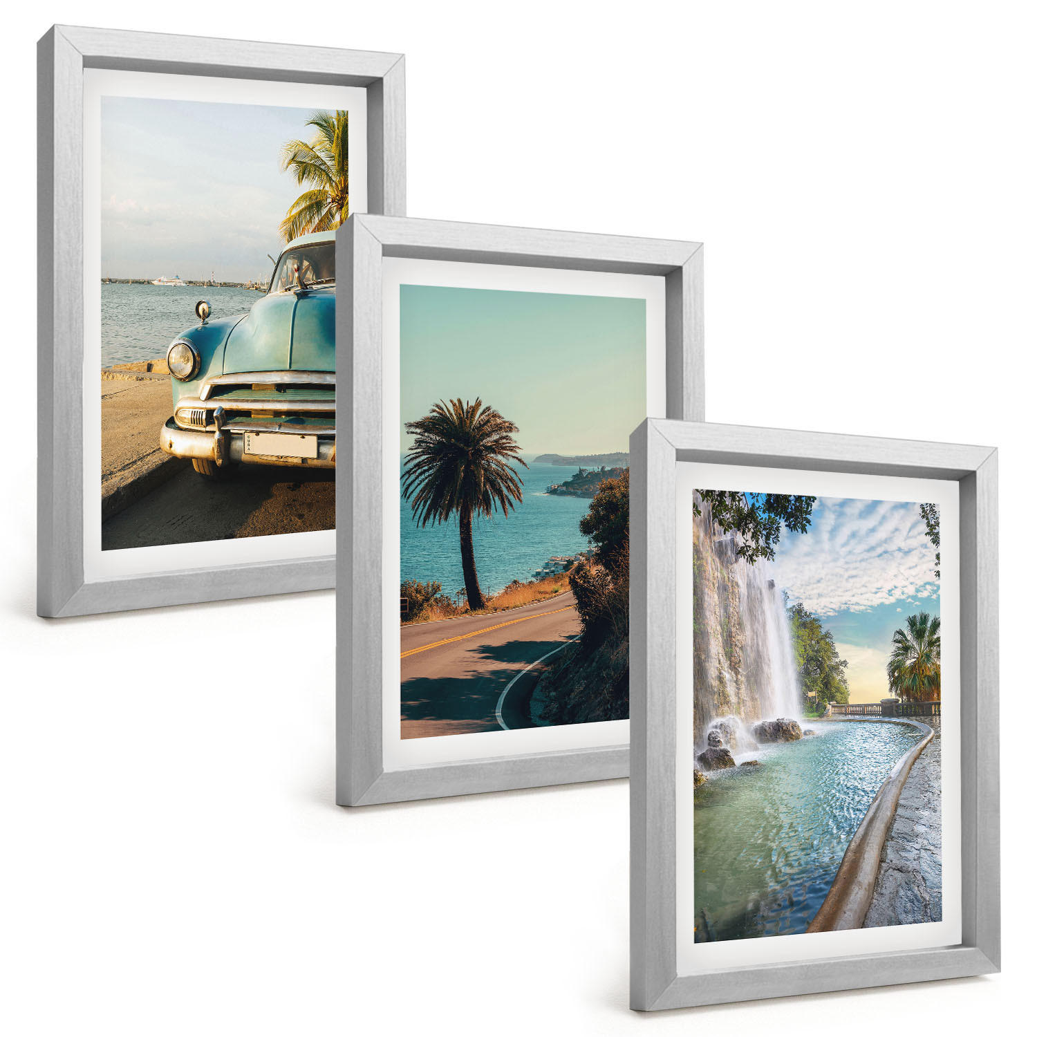 BILDER SET 3er Set - 20x30 cm Silberner Rahmen - Urlaub Palmen Wasserfall - Silberfarben, Kunststoff (20/30cm) - TULUP