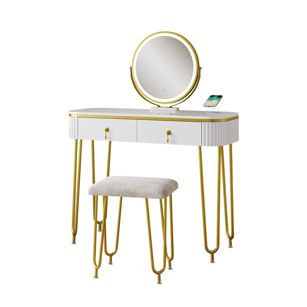 SCHMINKTISCH Grace Weiß 100 cm mit LED-Spiegel QI-Ladestation und Hocker - Weiß Hochglanz, Holzwerkstoff (100/126/40cm) - Vicco