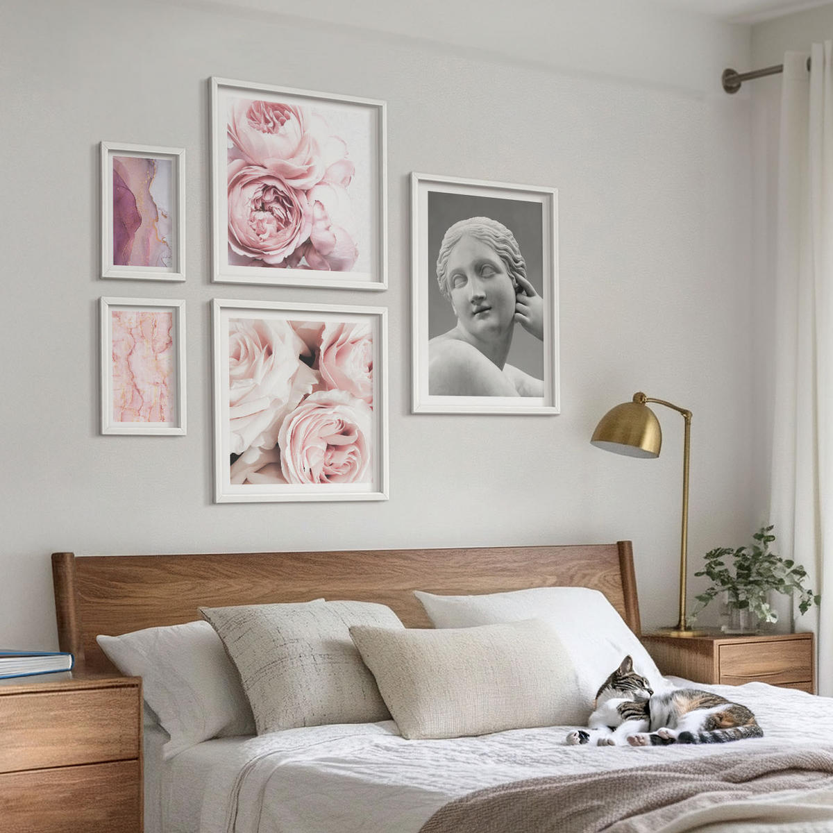 BILDER SET 5er Set - 50x50 cm & 20x30 cm & 40x60 cm Weißer Rahmen - Pfingstrosenskulptur einer Frau - Weiß, Kunststoff (40/60cm) - TULUP