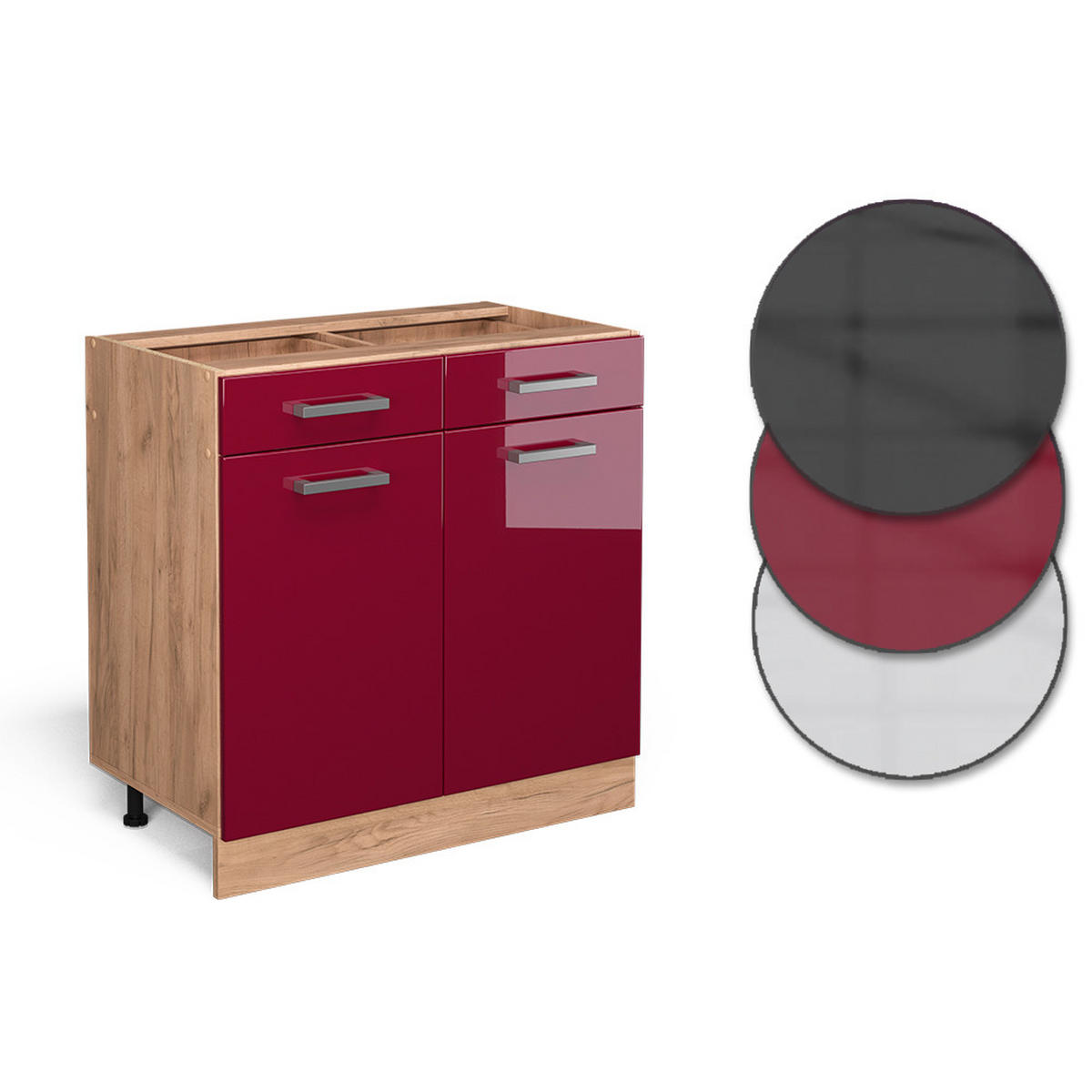KÜCHENUNTERSCHRANK R-Line Bordeaux Hochglanz 80 cm AP Marmor - Bordeaux/Eiche Wotan, Holzwerkstoff (80/81.6/60cm) - Vicco