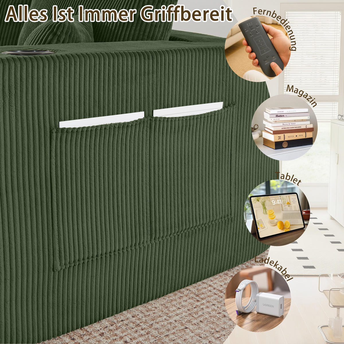 WOHNLANDSCHAFT DE-34629 modular mit 2 Ottomanen Grün - Grün, Textil (138/75/230cm) - ComfortXL