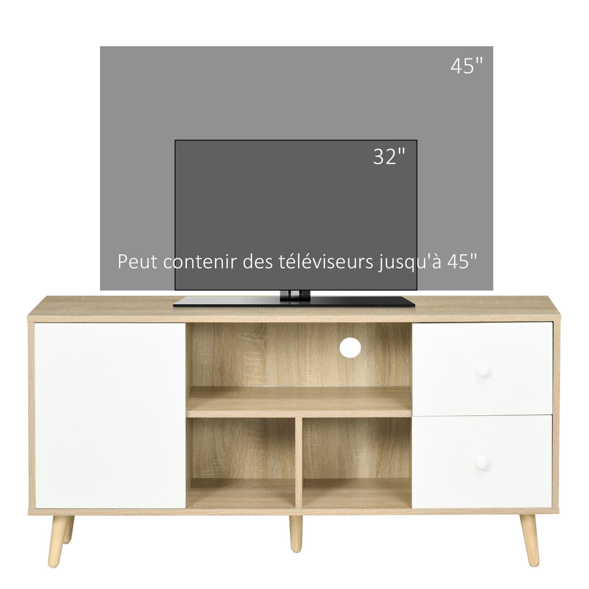 TV-LOWBOARD Weiß/Natur 120/30/60 cm, Massivholzfüße, 1 Tür, 2 Schubladen - Naturfarben, Holzwerkstoff (120/60/30cm) - PANGIVO