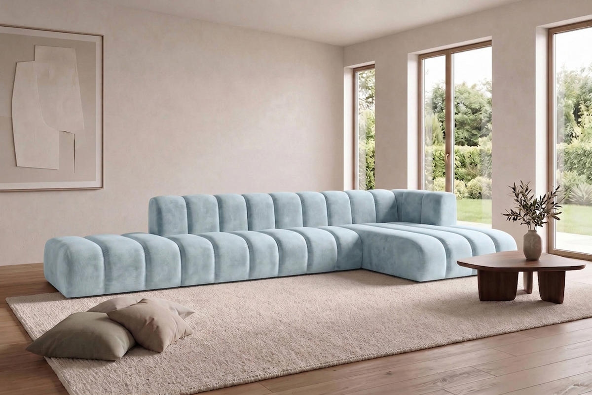 ECKSOFA Modulares In L-Form Mit Hocker, Velvet-Stoff Riviera, Babyblau, Rechts, GRAND - Hellblau, Holz (386/179cm) - Kaiser Möbel