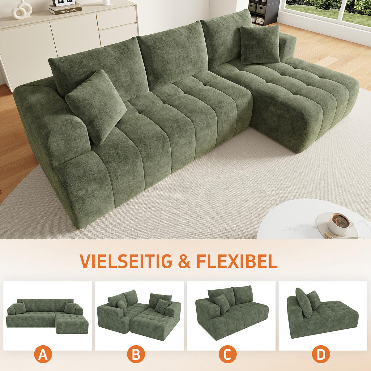 ECKSOFA 244.5/136/79 cm Grün Chenille - Grün, Textil (244.5/136cm) - Oxeza