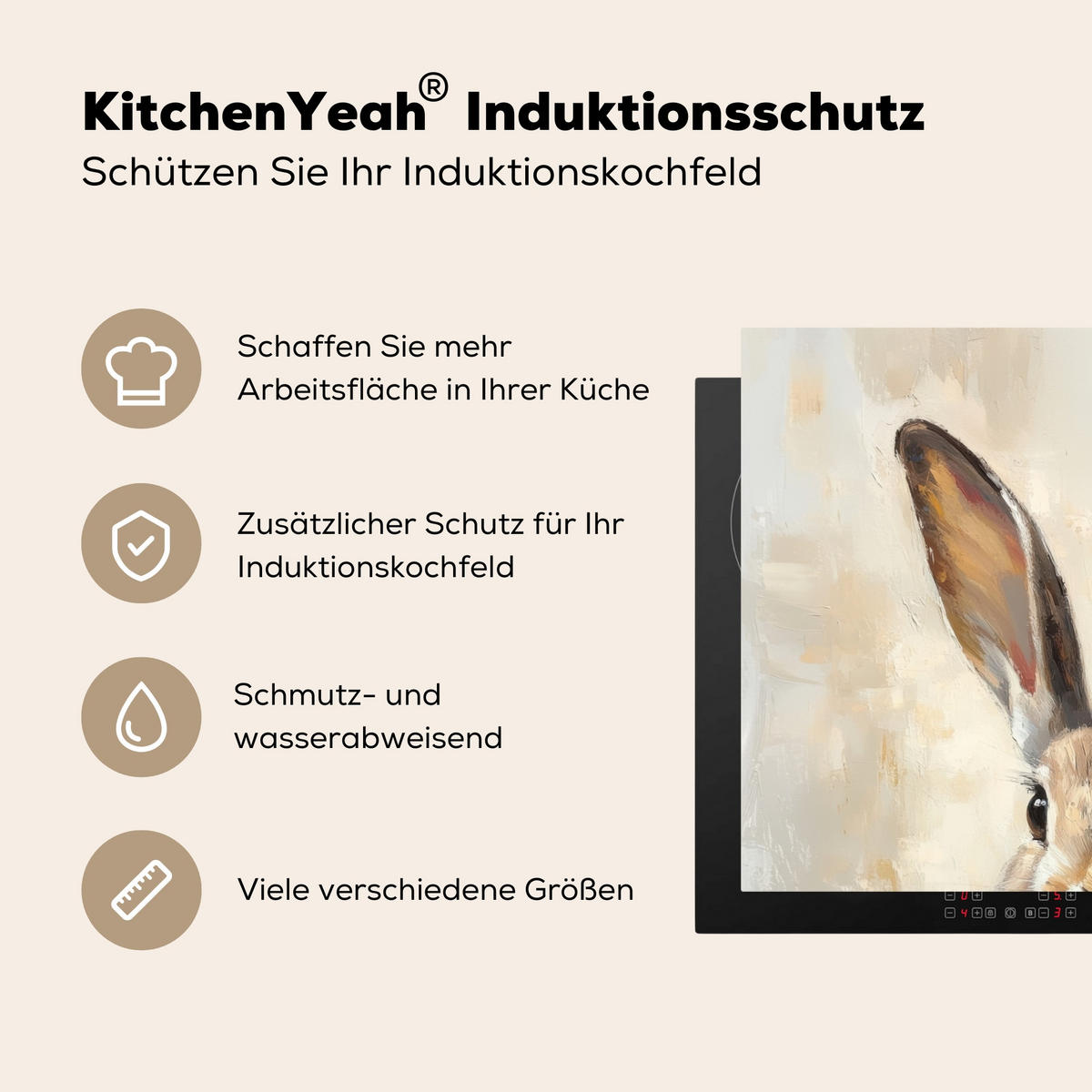 HERDABDECKPLATTE Hase - Ohren - Braun Induktionsmatte 77x59 cm - Beige, Kunststoff (77/59/0.2cm) - MuchoWow