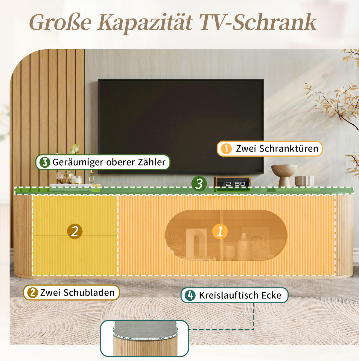 LOWBOARD 172/38/45.5 cm Natur aus MDF und Glas mit ovaler Vitrine - Hellbraun, Holzwerkstoff (38/45.5/172cm) - OKMYHOME