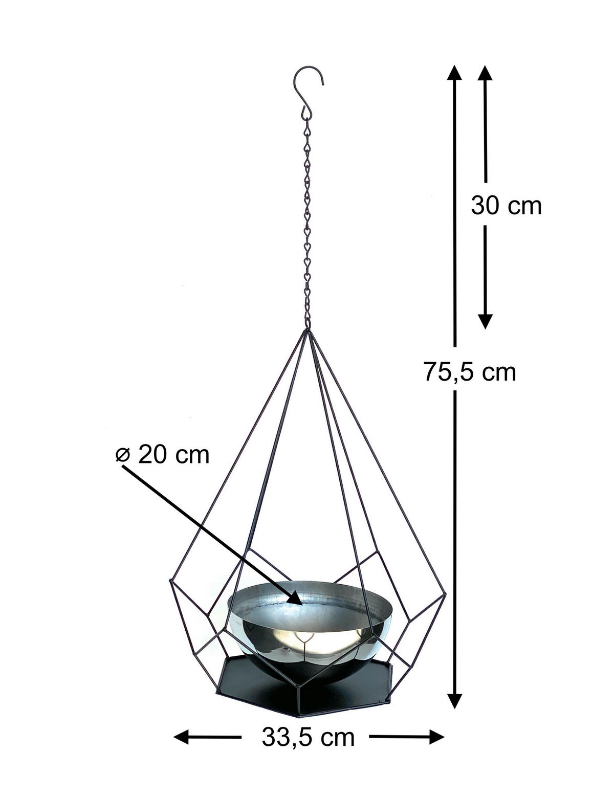 BLUMENAMPEL Innen Metall Wand 76 cm 96095 L mit Topf 6 Ecken - Schwarz, Metall (20/10/20cm) - DanDiBo