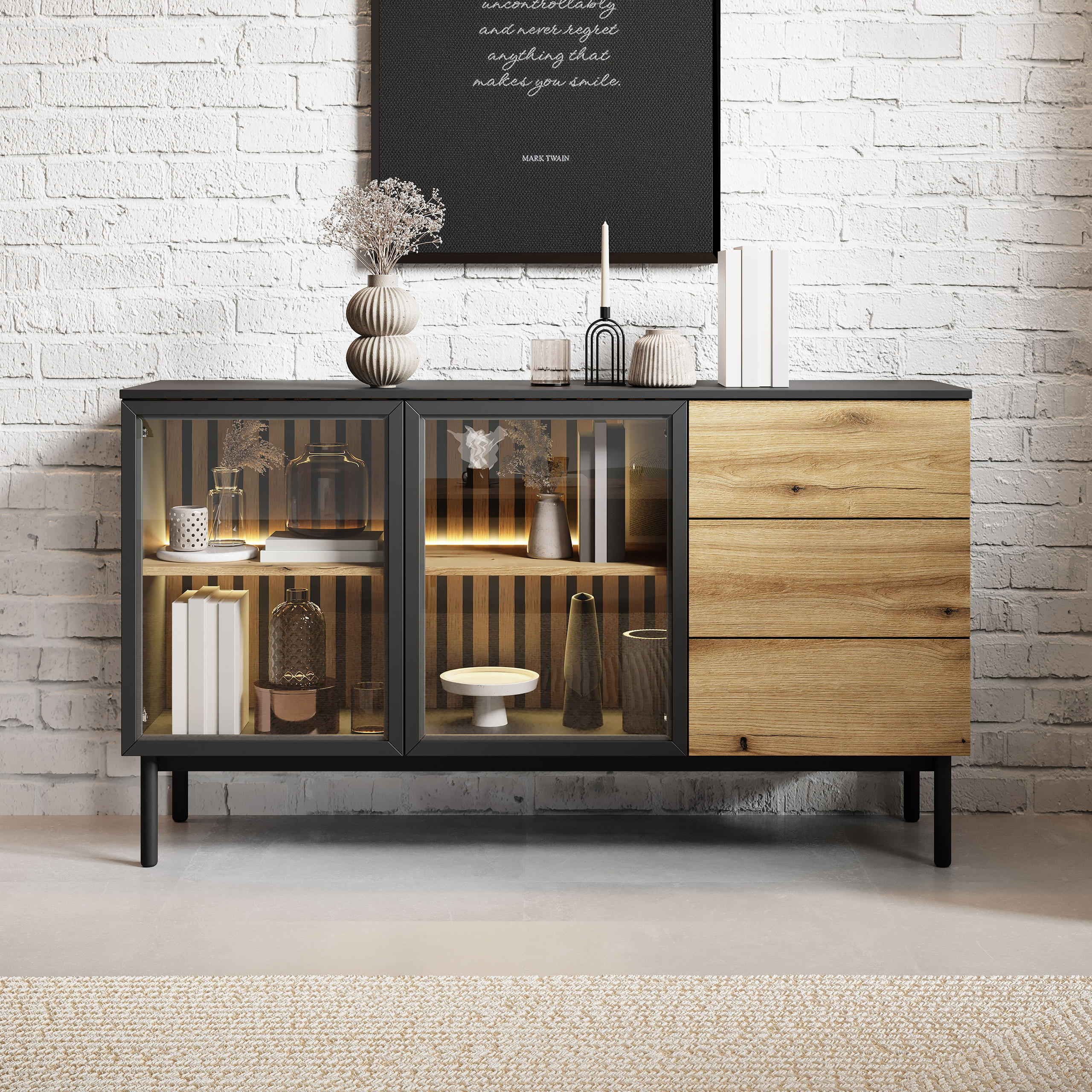 SIDEBOARD LAMBERTI 150/85/40 cm mit 3 Schubladen und 2 Türen Schwarz - Goldfarben/Schwarz, Holzwerkstoff (150/85/40cm) - MASSENO