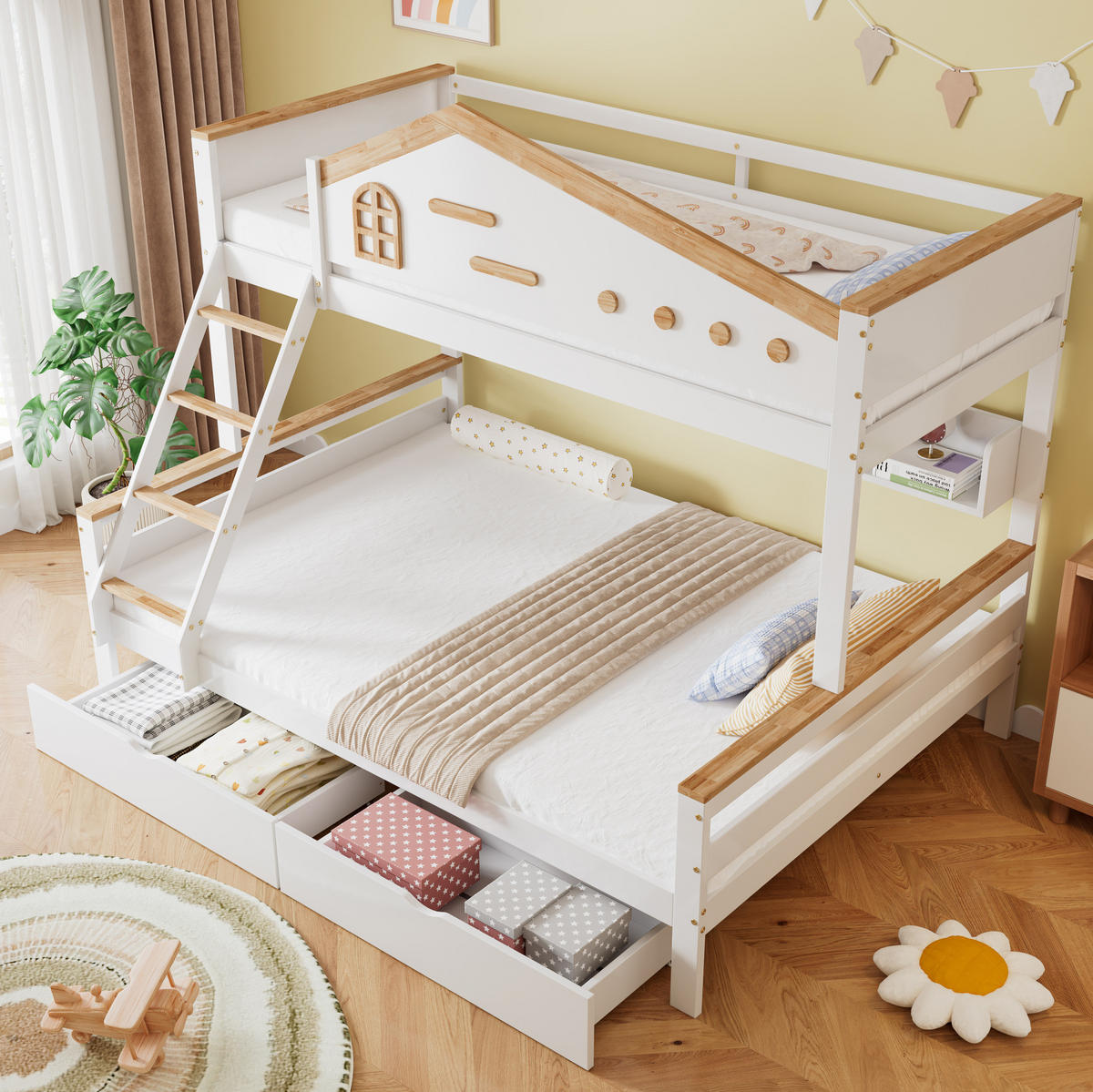 HAUSBETT 90/200 & 140/200 cm mit Regal und 2 Schubladen in Weiß/Natur - Weiß, Holzwerkstoff (90/200cm) - BEAOK