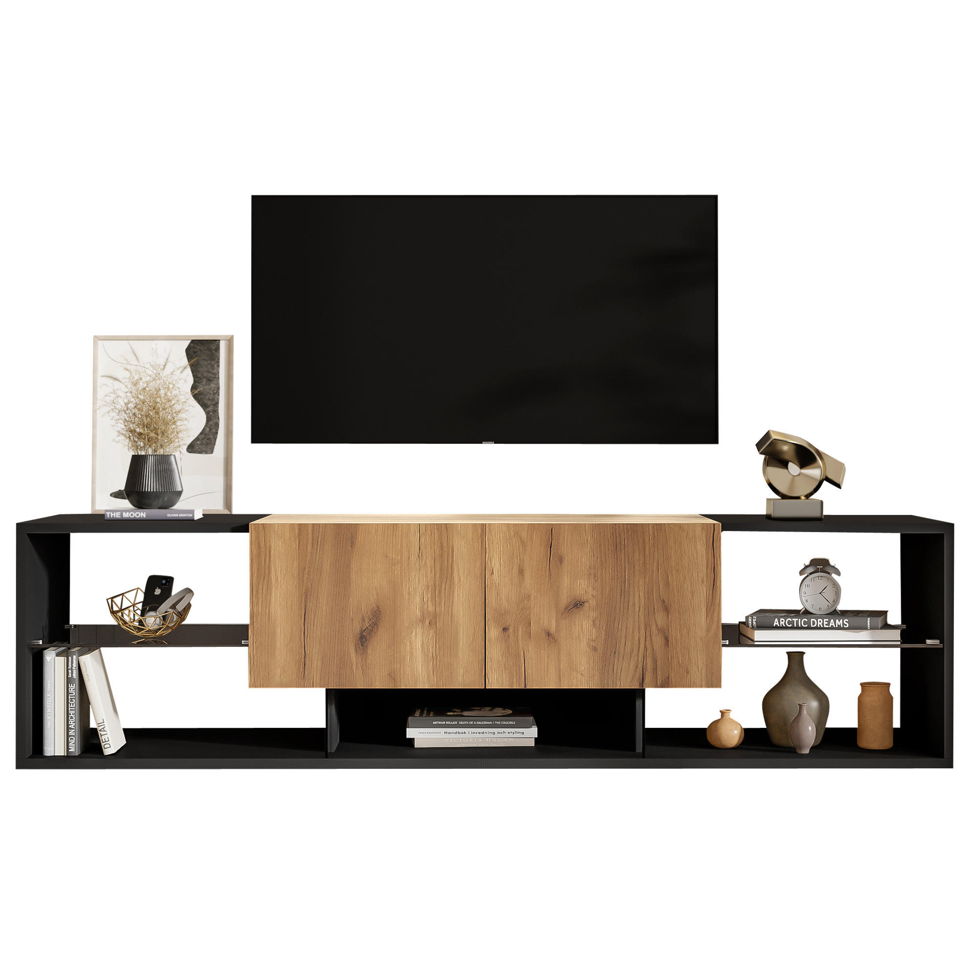 TV-ELEMENT mit LED und 2 Schubladen 160 cm Schwarz Natur - Schwarz, Holzwerkstoff (40/42/160cm) - Beauniv