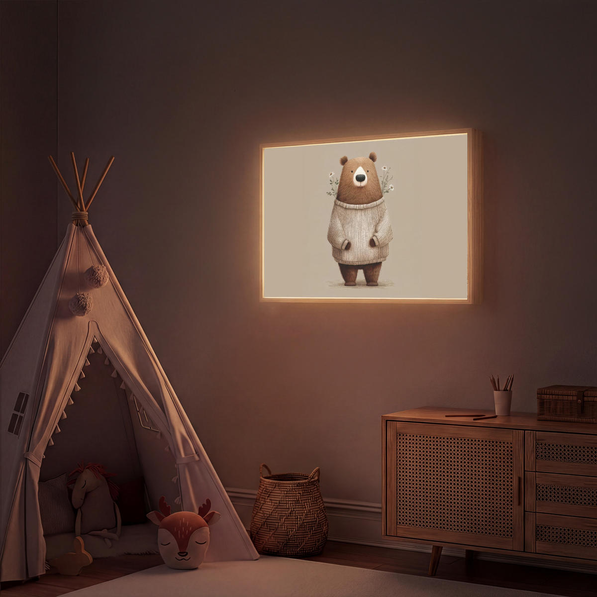 DOBÍJECÍ NOČNÍ LAMPIČKA Medvěd - Bílé květy - Cosy 100x70 cm - šedohnědá, kompozitní dřevo (8/100/70cm) - OnlyWow