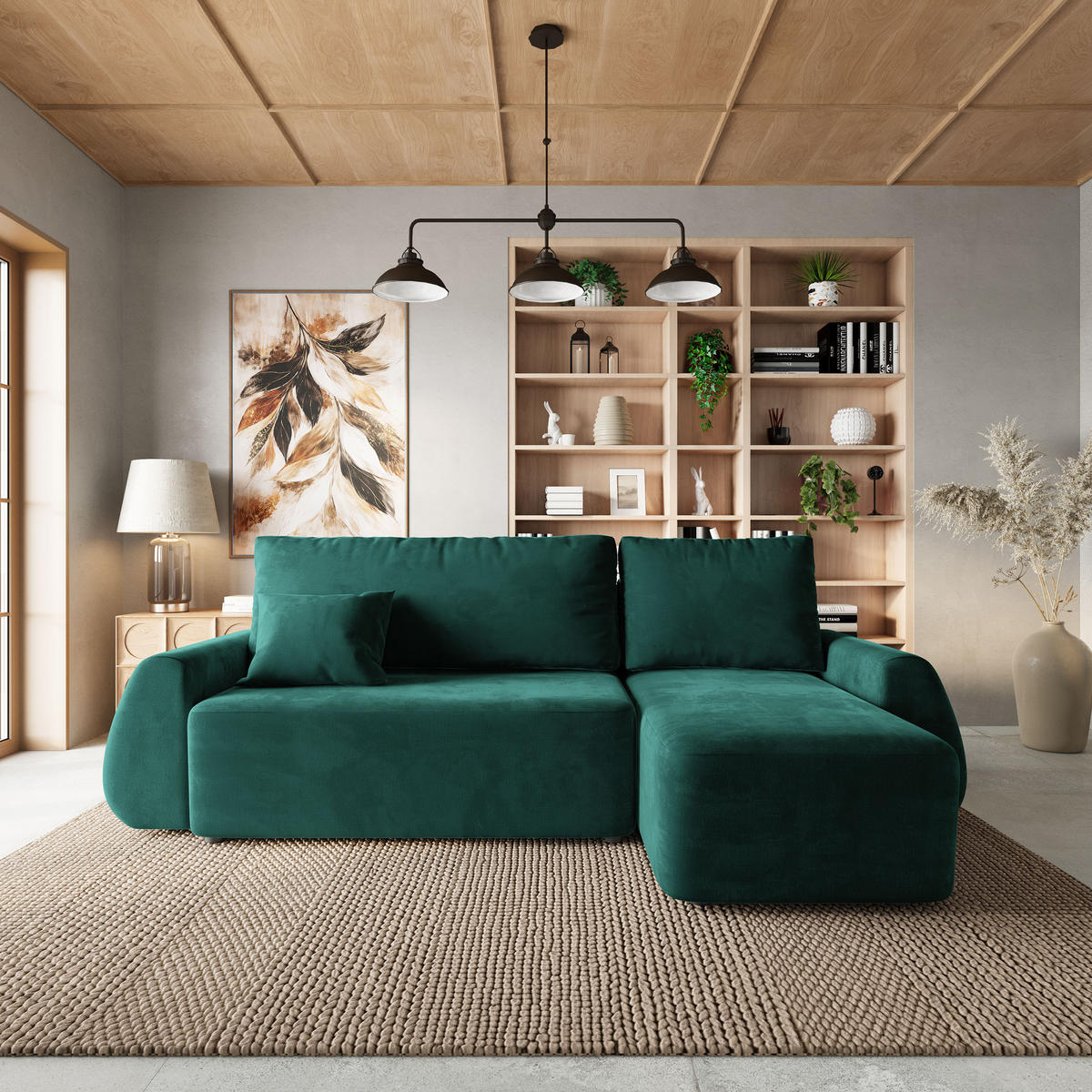 ECKSOFA GALVIS Grün Velours-Stoff mit Schlaffunktion - Grün, Holz (256/156cm) - MASSENO