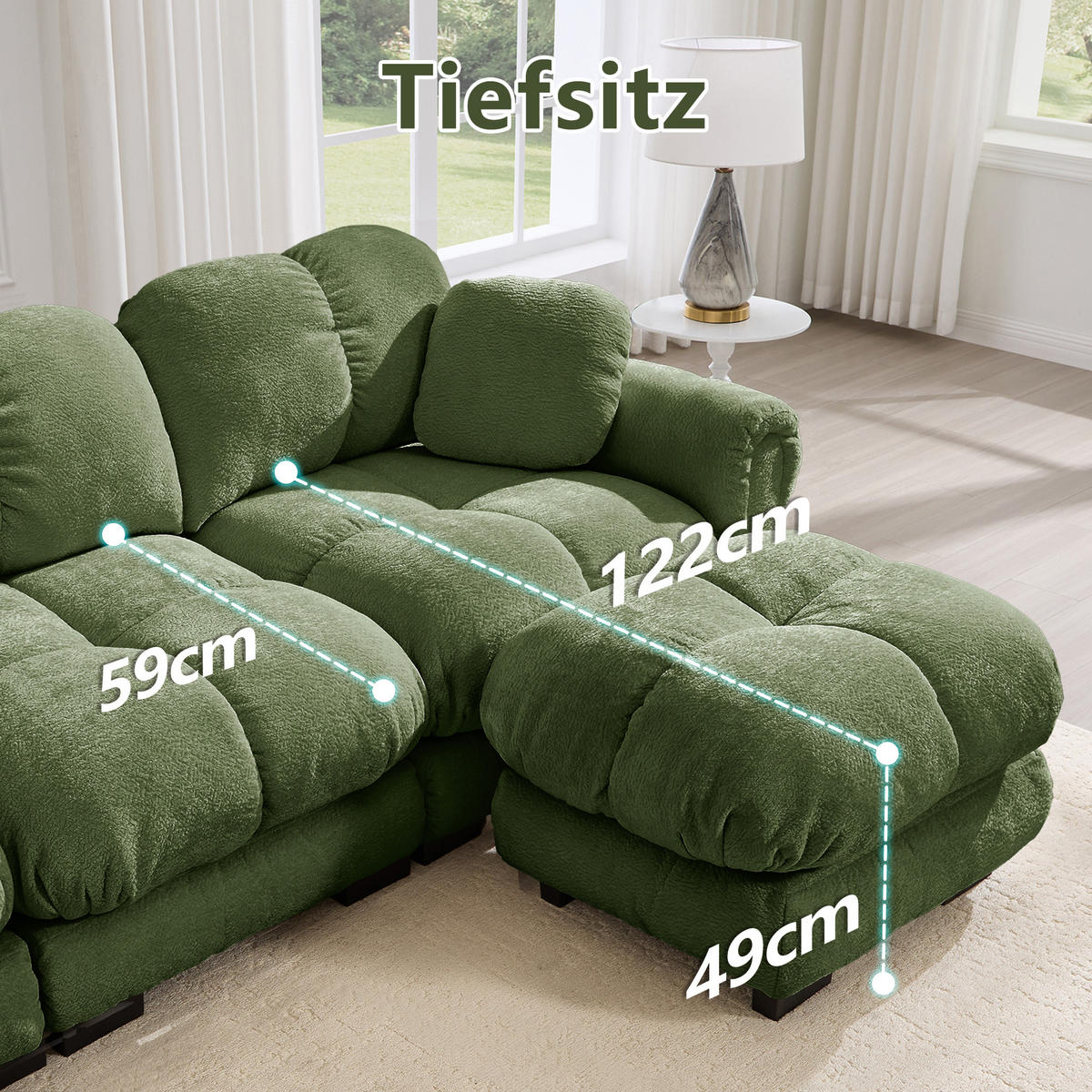 ECKSOFA 330/149/90 cm Grün Cord mit mobiler Ottomane und 2 kleinen Dekokissen - Grün, Textil (330/149cm) - Oxeza