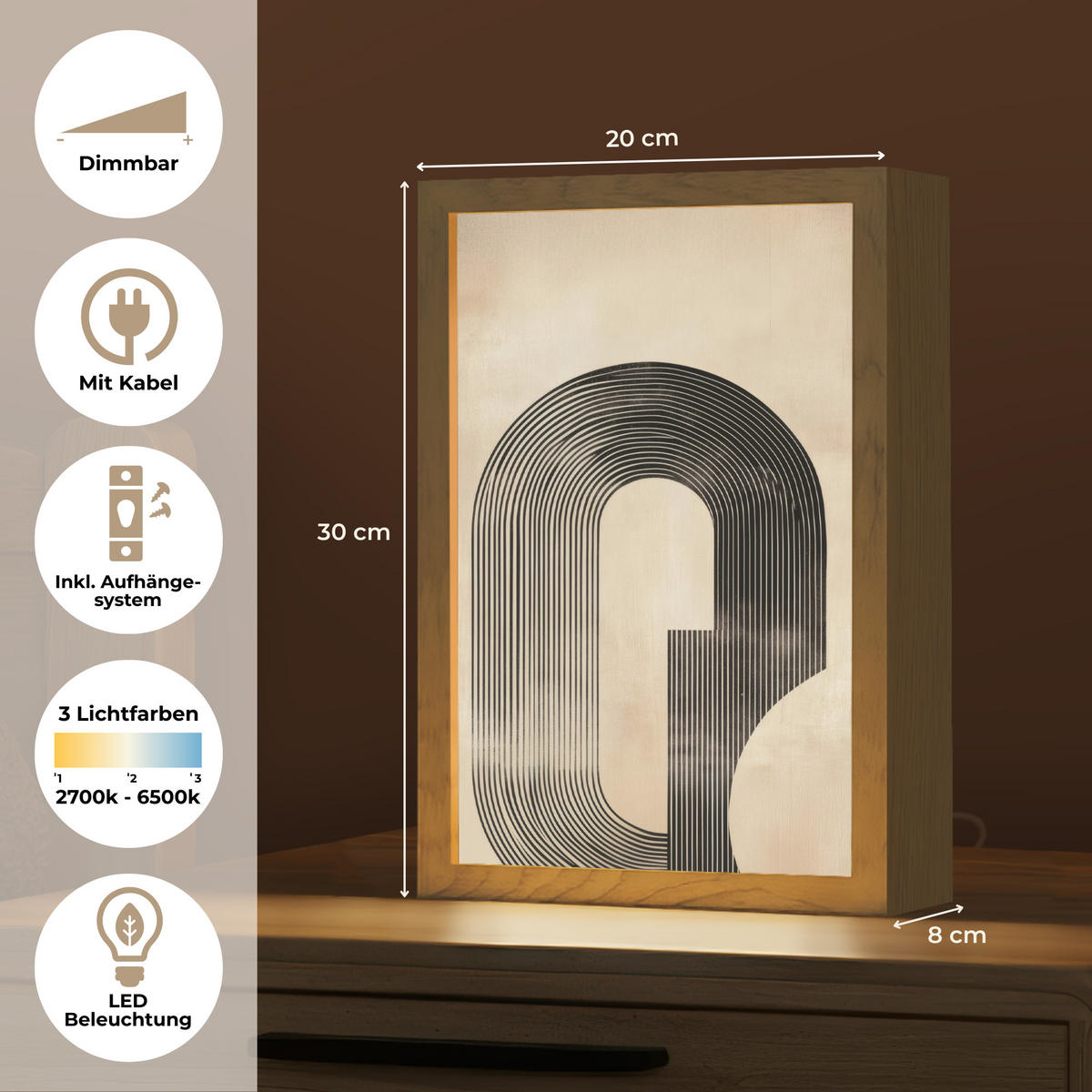 NÁSTĚNNÁ LAMPA Luk - Pruhy - Minimalistický - Černý 20x30 cm - béžová, kompozitní dřevo (20/30/8cm) - OnlyWow
