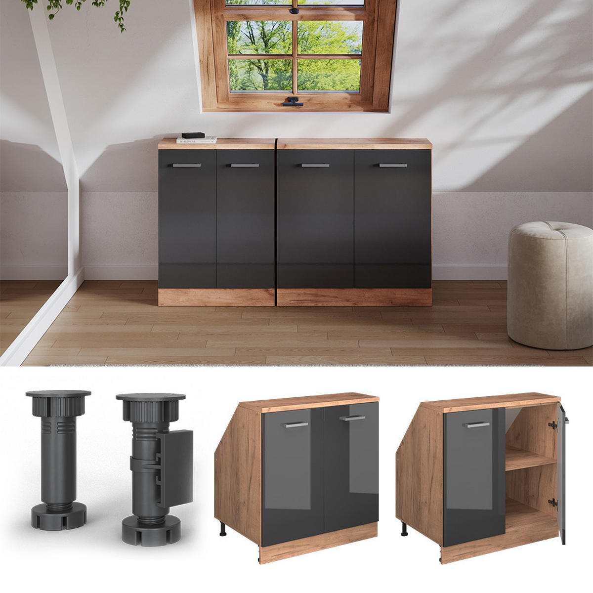 WARDROBE FOR SLOPING CEILING Rion Antracit visokog sjaja 80 x 81.6 cm s 2 vrata, korpus ormara dubine 60 cm - hrast medunac/crna visoki sjaj, drvni materijal (80/83.8/60cm) - Vicco