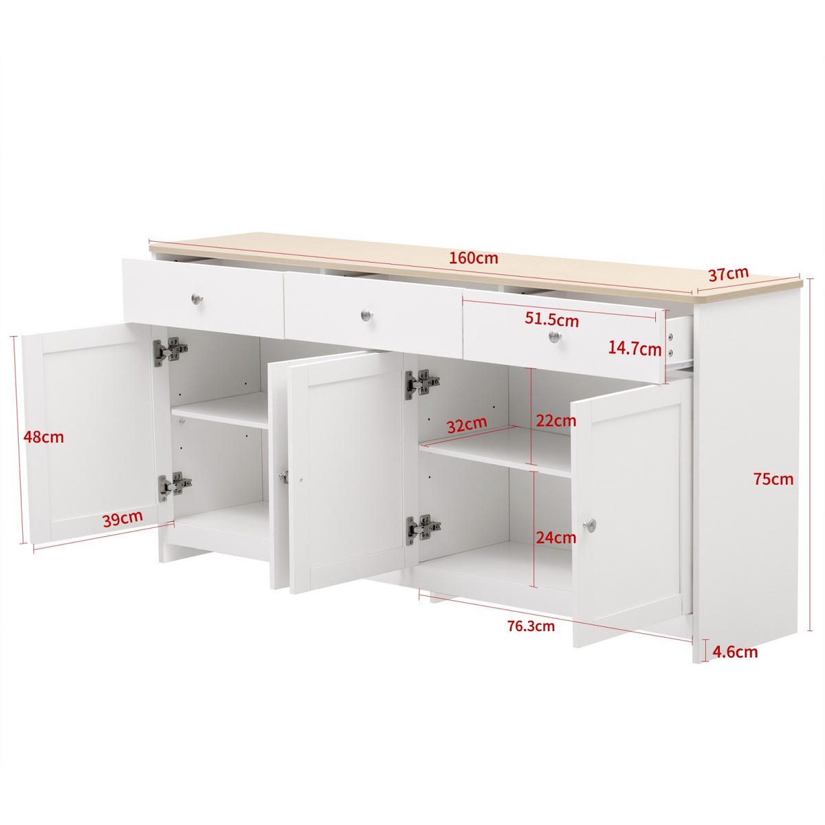 SIDEBOARD 160cm, mit 3 Schubladen, 4 Türen, 2 verstellbaren Regalböden, Küchenschrank, Weiß - Weiß, Holzwerkstoff (160/37/75cm) - Waldena