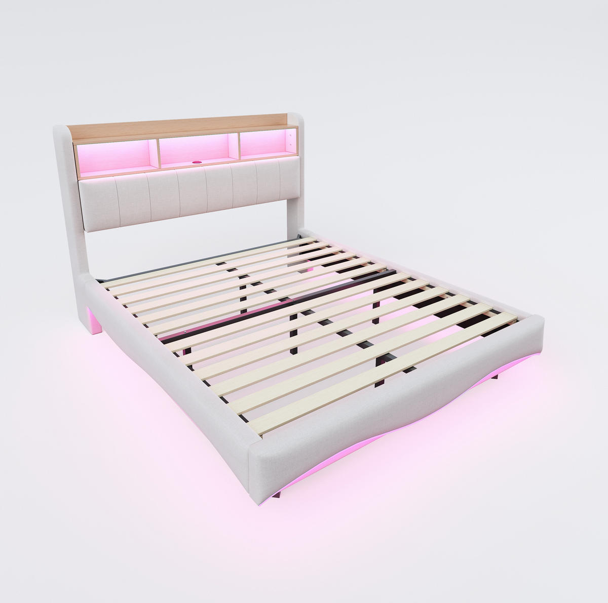 POLSTERBETT 160x200 cm Beige mit LED-Beleuchtung, USB- und USB-C-Anschlüssen sowie Stauraum - Beige, Textil (160/200cm) - IVMEU