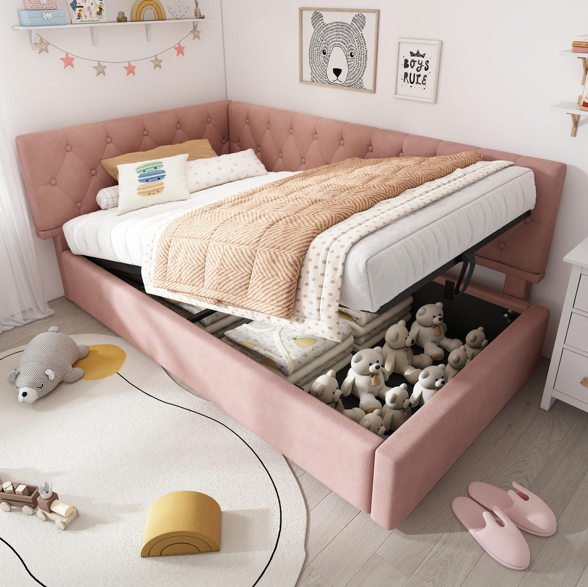 POLSTERBETT 90/200 cm mit hydraulischem Bettkasten, L-förmiges Kopfteil, Rosa - Rosa, Textil (90/200cm) - Redom