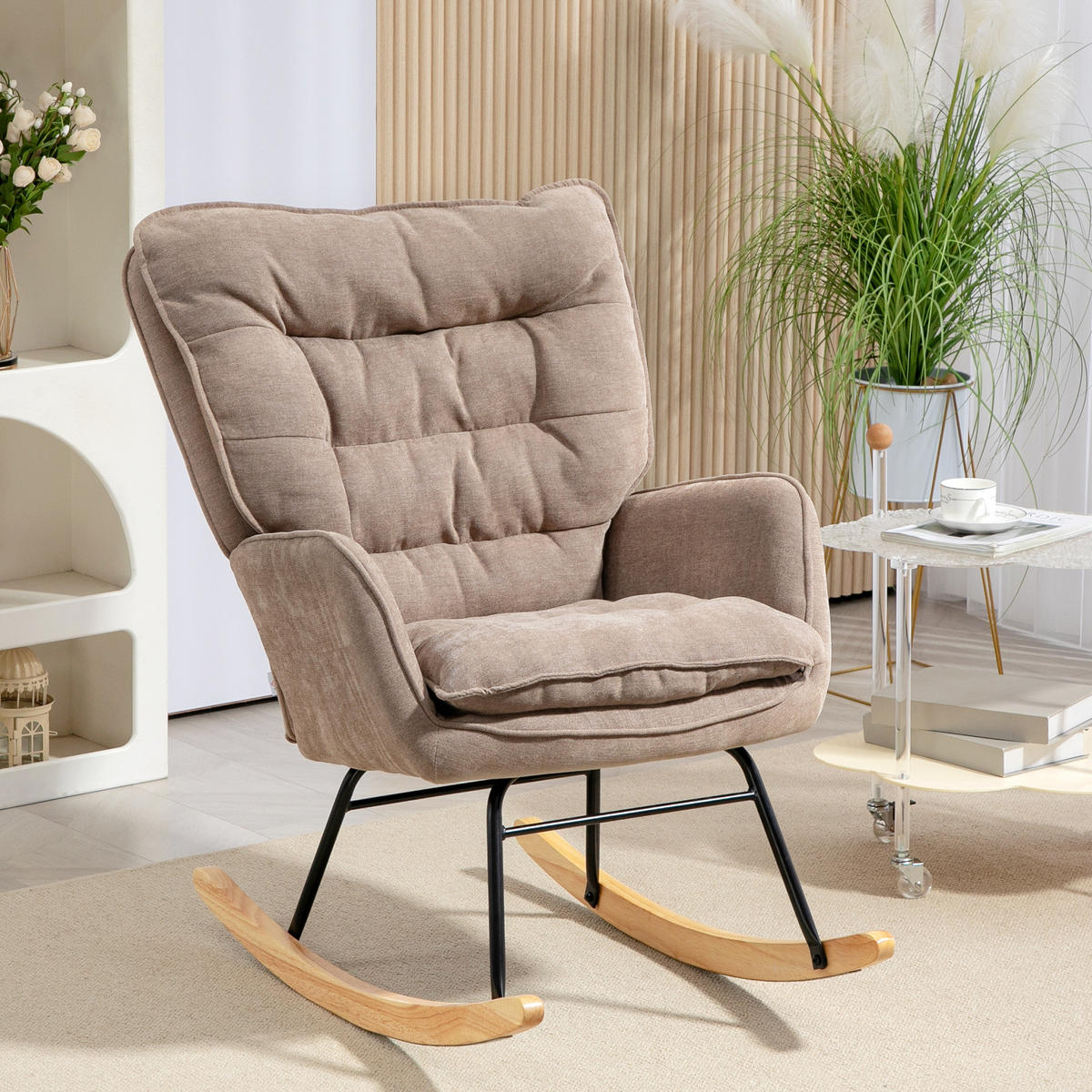 SCHAUKELSTUHL Schwingsessel Armlehnsessel mit Chenilleoptik für Schlafzimmer - Braun/Naturfarben, Holz/Textil (98.5/97/71cm) - HOMCOM