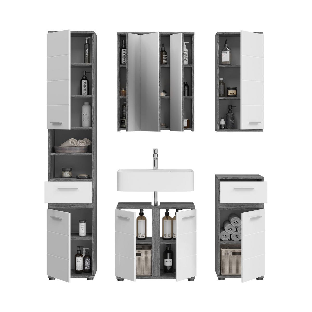 BADKOMBINATION 5tlg. Blake Bad in Rauchsilber Nachbildung und weiß hochglanz B/H/T: 164x191x34 cm - Anthrazit, Holz (164/191/34cm)