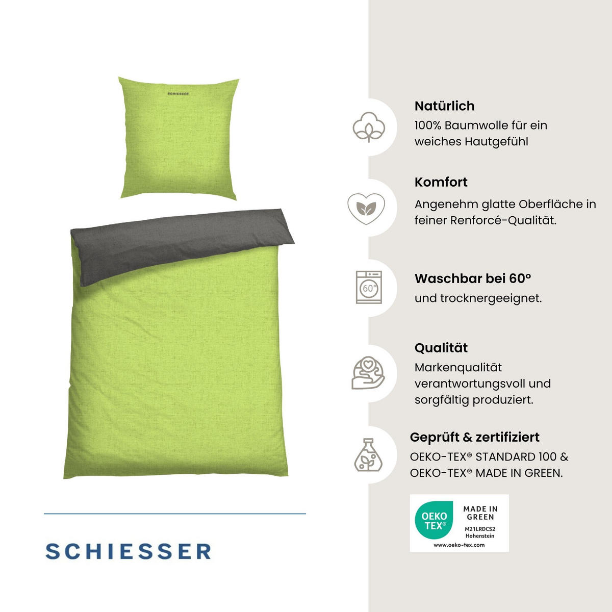 BETTWÄSCHESET Doubleface Renforcé 2-teilig 135x200 cm Grün-Dunkelgrau - Dunkelgrau/Grün, Textil (135/200cm) - SCHIESSER