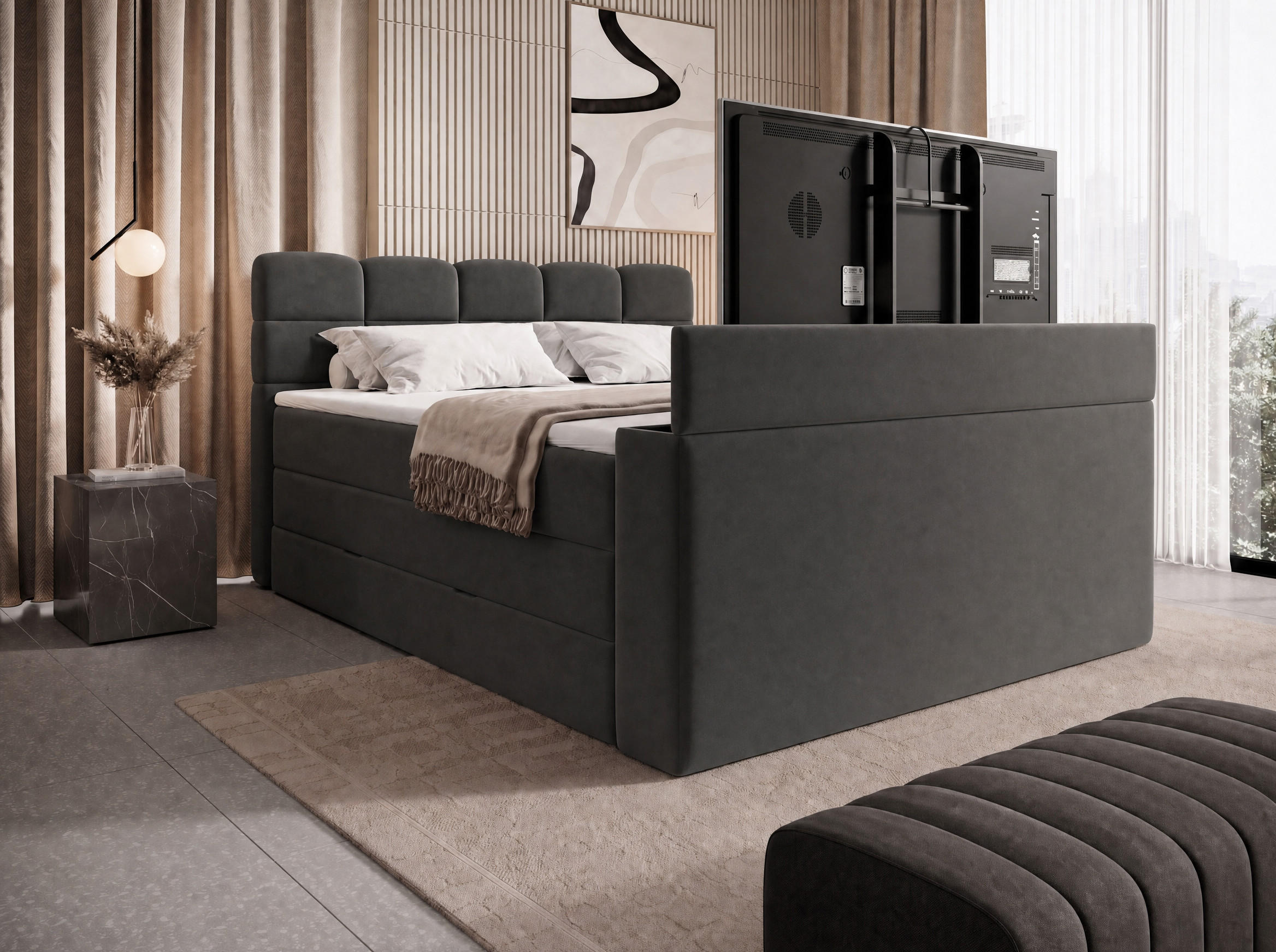 BOXSPRINGBETT Carenzo 3 Anthrazit 160/200 cm H3/H4 Samt inkl. Topper und TV-Lift - Anthrazit, Textil (160/200cm) - wonello