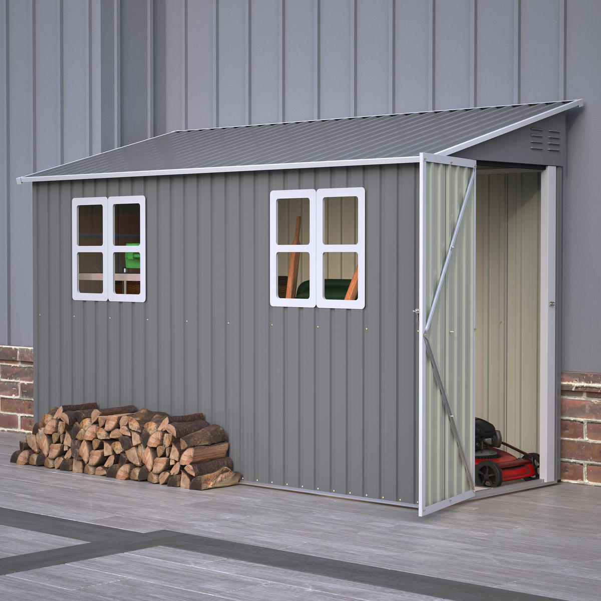 GARTENHAUS aus Metall 291x110.8x188.6 cm in Grau mit Doppeltür & 2 Fenstern - Grau, Metall (110.8/188.6/291cm) - Modfu