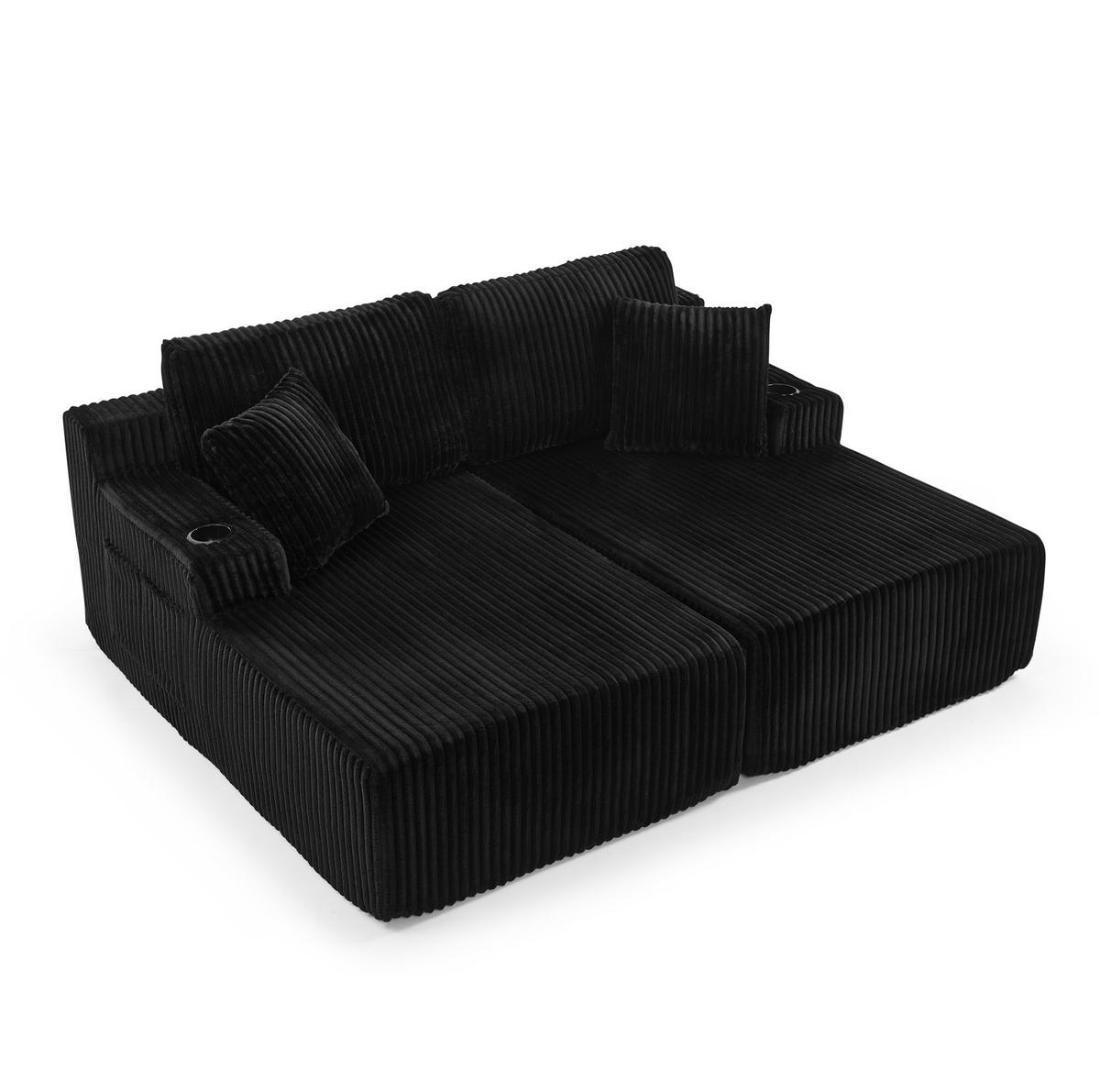 SCHLAFSOFA multifunktional als 2-Sitzer, Relaxsessel mit Magazintasche, Getränkehalter und Kissen, Schwarz - Schwarz, Kunststoff (186/78/154cm) - Redom