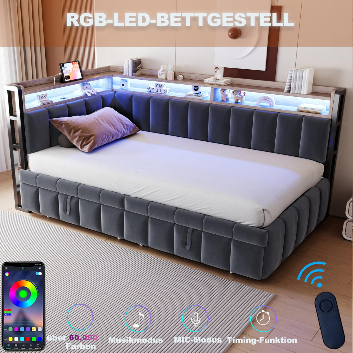 POHOVKA na spaní 90/200 cm s výsuvným lůžkem, LED osvětlením, USB a USB-C portem, Šedá - šedá, textil (90/200cm) - Redom