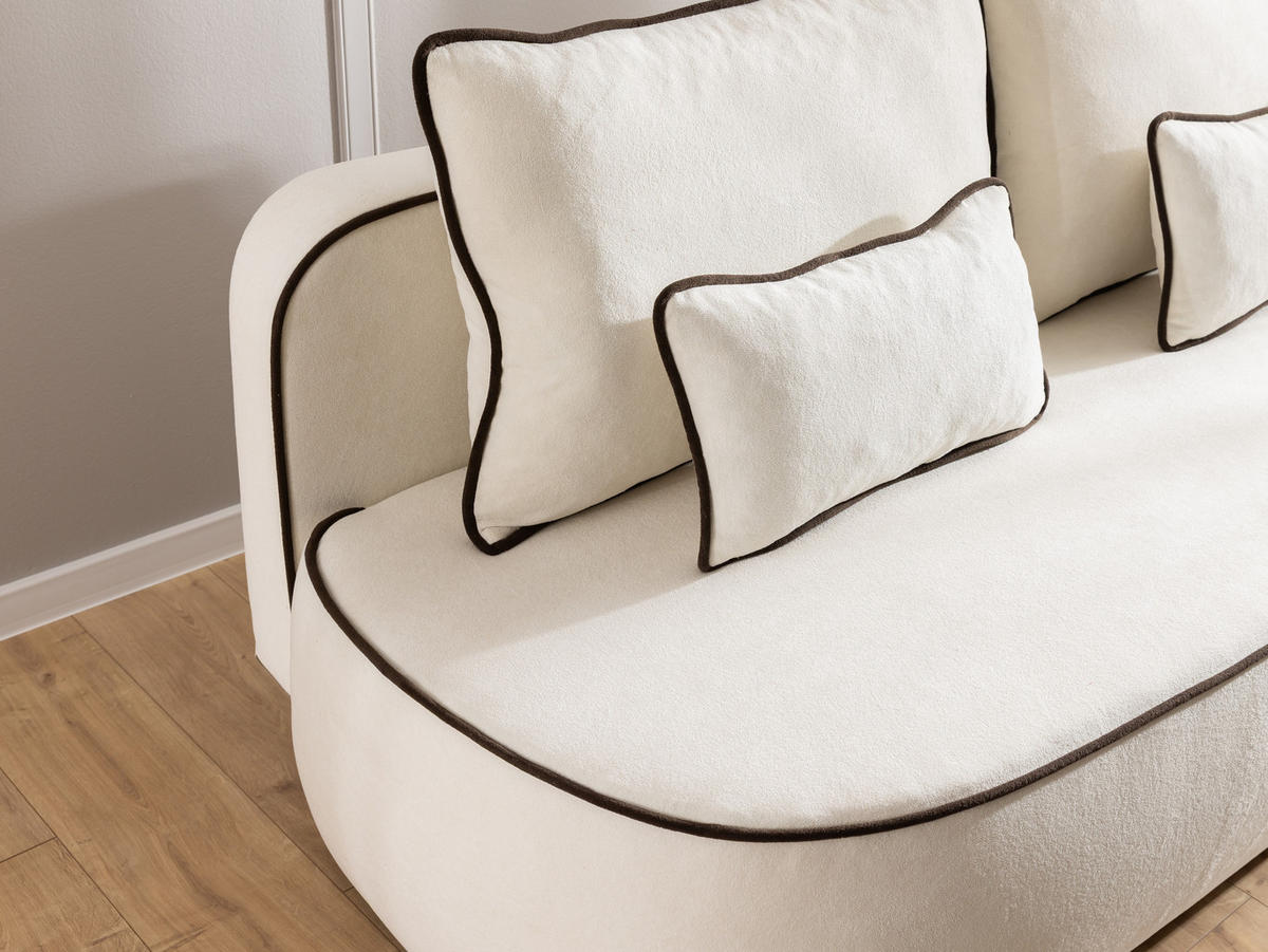 SCHLAFSOFA Vero im modernen und abgerundeten Design mit Bettkasten aus Creme Plüschstoff mit brauner Paspel - Creme/Schwarz, Holz/Kunststoff (210/90/98cm) - S-Style Möbel