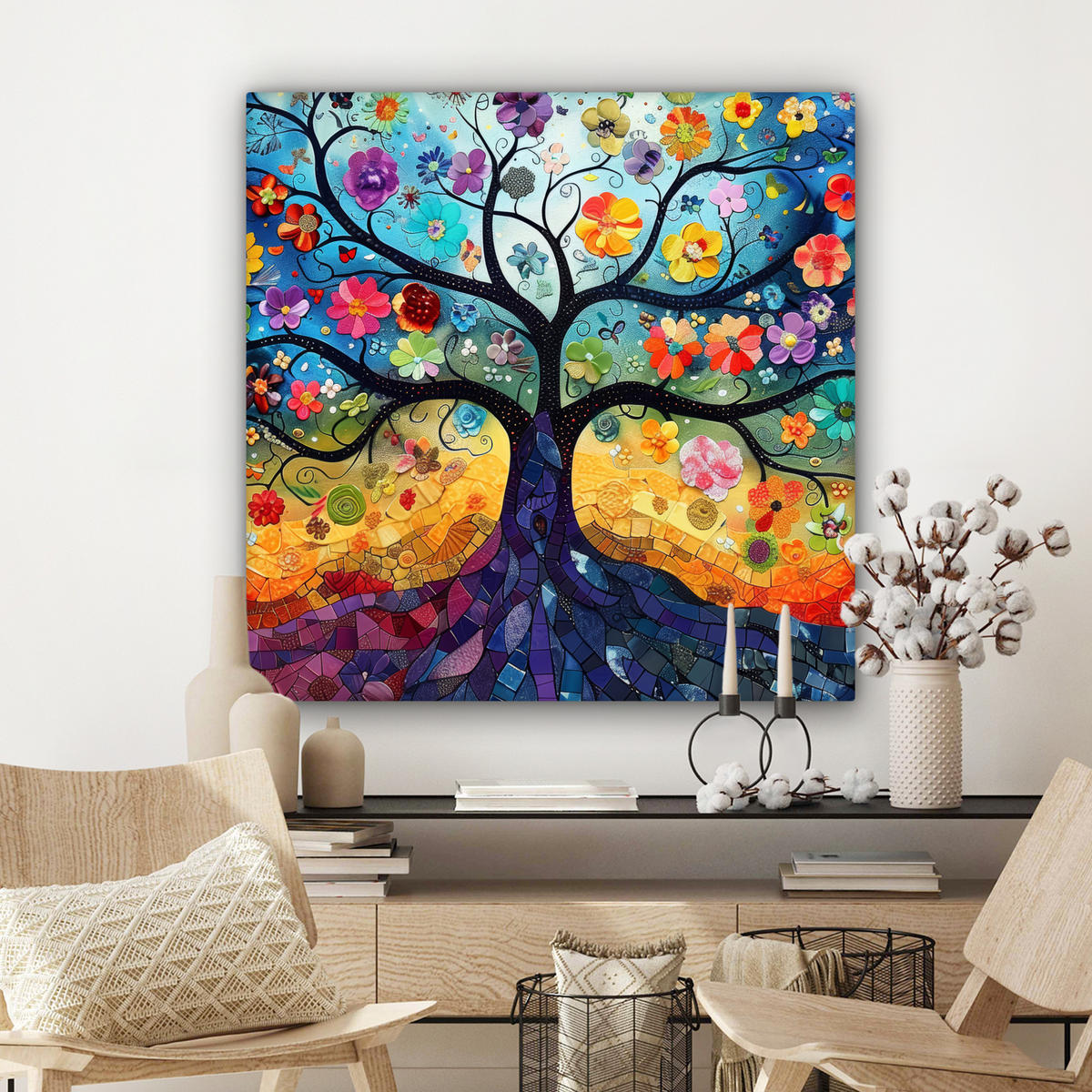 LEINWANDBILD Kunst - Baum des Lebens - Blumen - Hippie Deko Groß 90x90 cm - Dunkelblau, Textil (90/90cm) - MuchoWow
