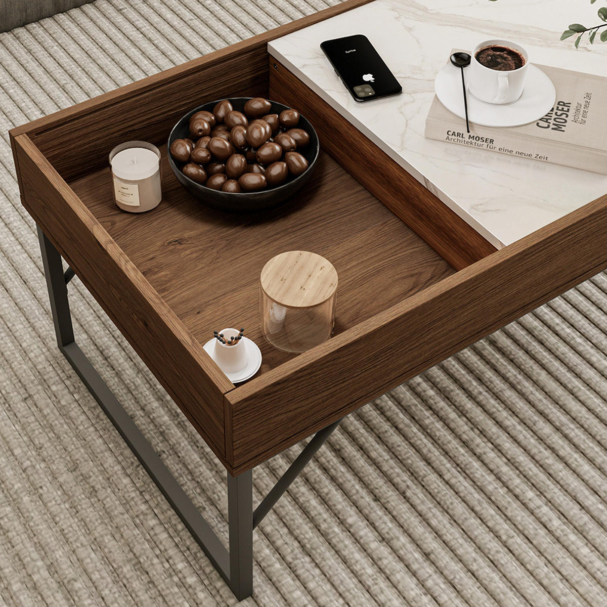 COUCHTISCH Lunero Nussbaum 105 x 50 cm - Weiß Hochglanz/Walnussfarben, Holzwerkstoff (50/105/40cm) - Vicco