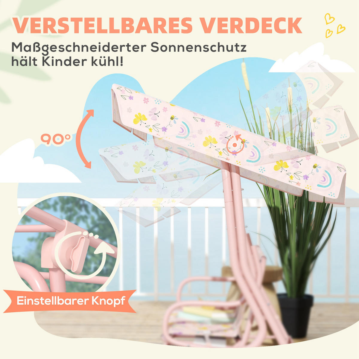 KINDER Hollywoodschaukel 2-Sitzer Kinderschaukel mit verstellbarem Sonnendach - Rosa, Metall (75/120/112cm) - AIYAPLAY