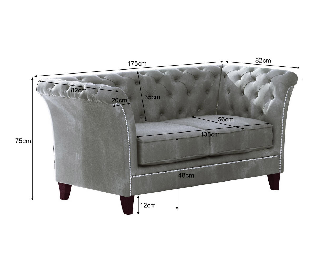 CHESTERFIELD-SOFA 2-Sitzer Fusion Grau Samt - Braun/Grau, Holz/Textil (175/75/82cm) - S-Style Möbel