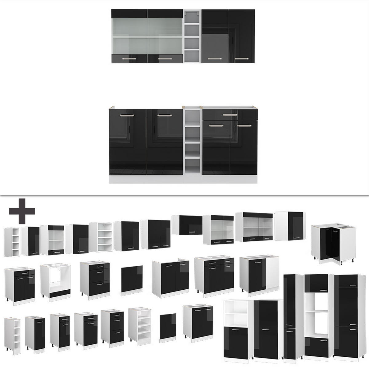 SINGLEKÜCHE R-Line Schwarz Hochglanz/Weiß 160 cm, AP Eiche - Schwarz Hochglanz/Weiß, Holzwerkstoff (160/81.6/60cm) - Vicco