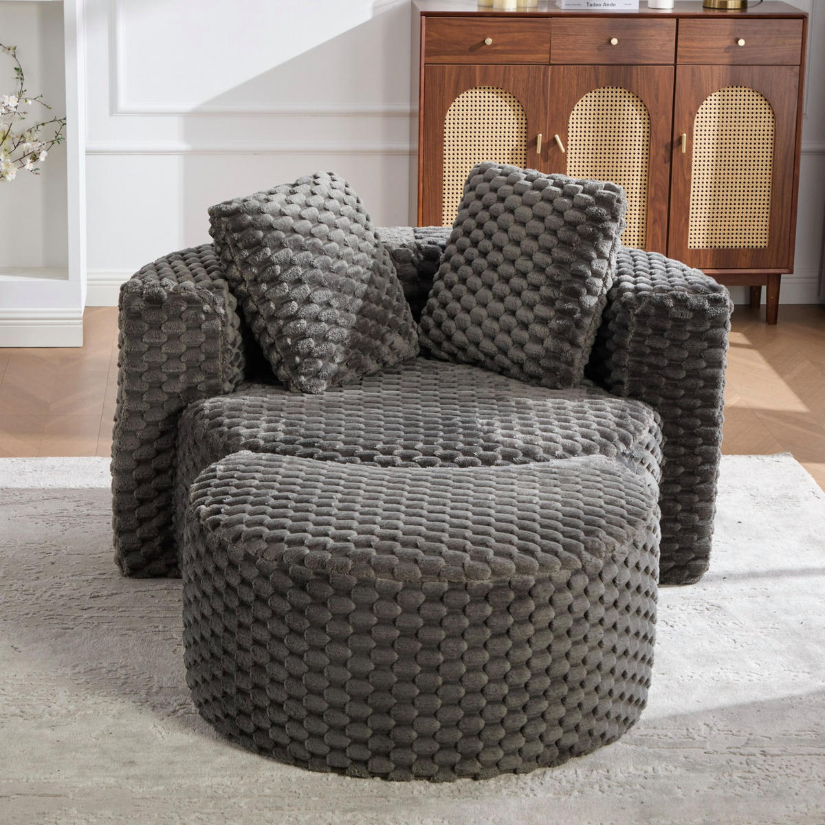 SESSEL mit Hocker 130 x 115 x 103 cm Stoff Dark Grey - Dunkelgrau, Holzwerkstoff (116/65/129cm) - Meubliv
