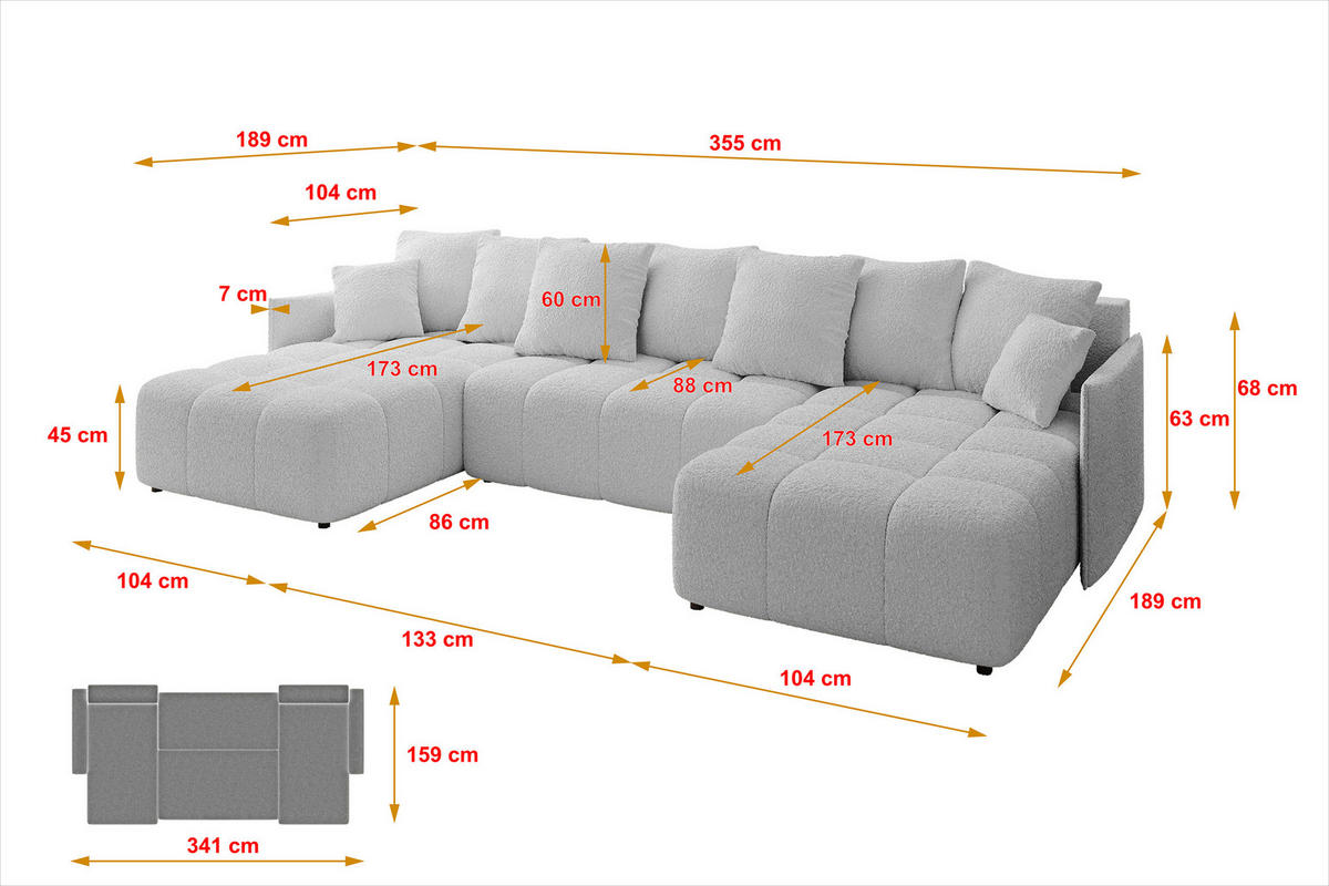 WOHNLANDSCHAFT LONLI-U 355x189x68 Hellgrau Bouclé - Hellgrau, Holzwerkstoff/Kunststoff (355/68/189cm) - ALTDECOR
