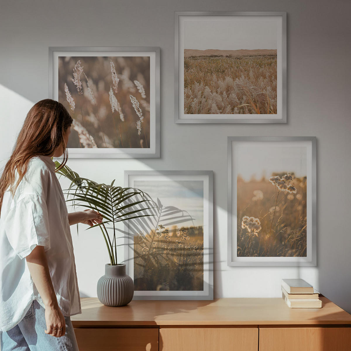 BILDER SET 4er Set - 50x50 cm & 40x60 cm Silberner Rahmen - Sommerwiesenblumen Sonnenuntergang - Silberfarben, Kunststoff (50/50cm) - TULUP
