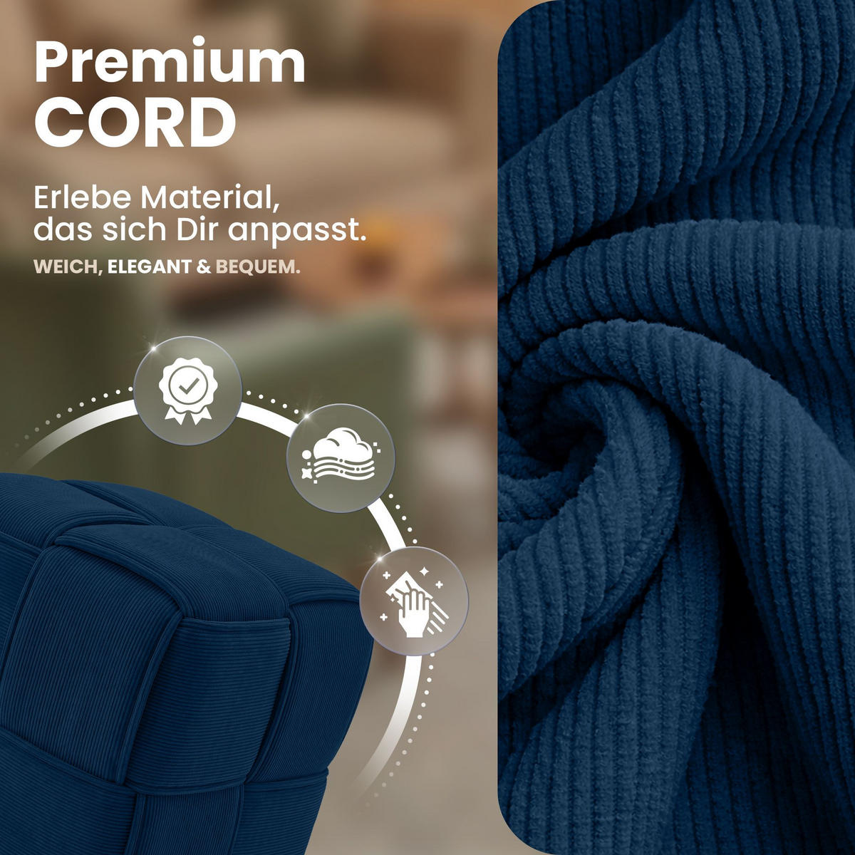 SITZWÜRFEL eckig 40/40/40 cm Cord Blau - Blau, Kunststoff/Textil (40/40/40cm) - CLP