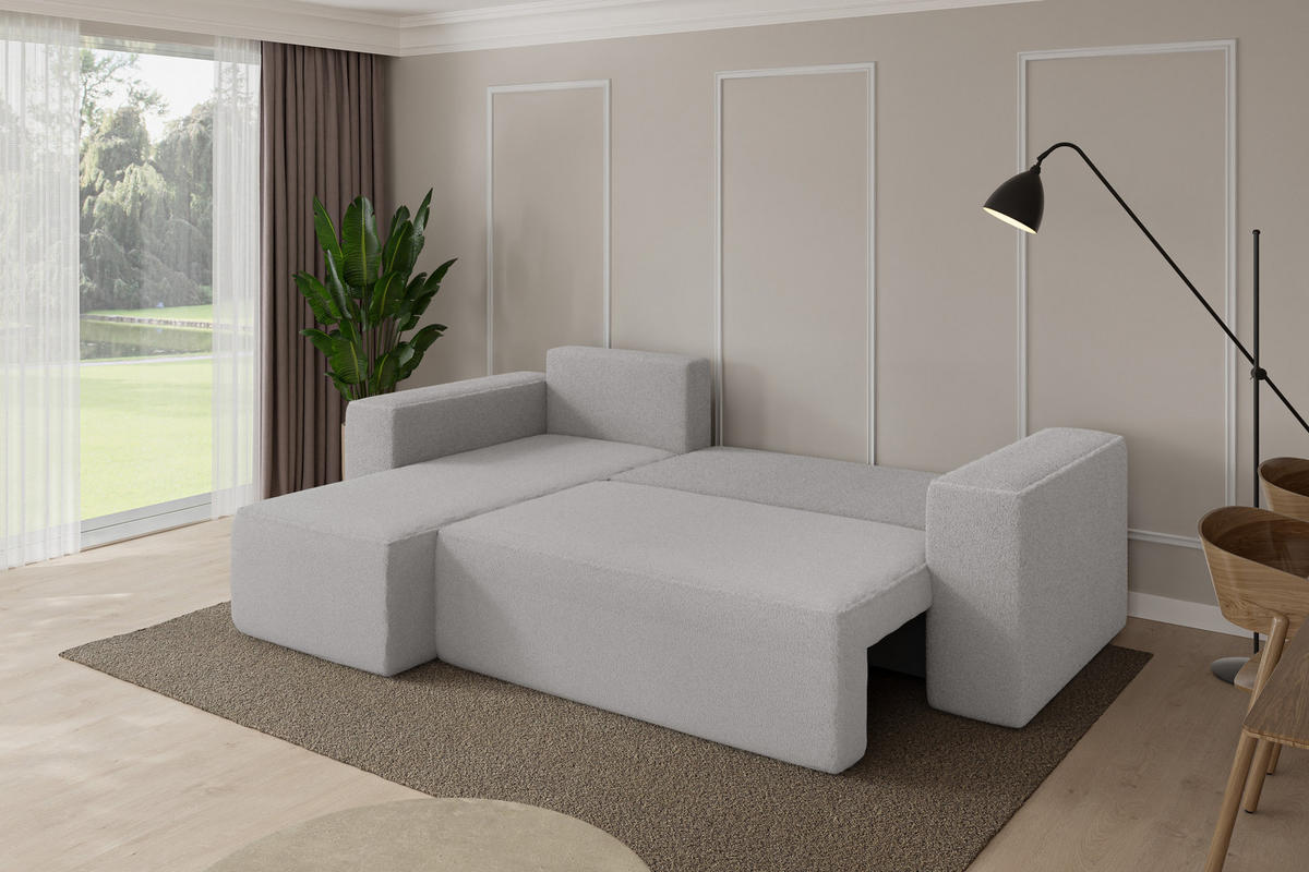 ROHOVÁ SEDAČKA s funkcí spaní, otoman vlevo SENO-L 249x139x85 světle šedá bouclé - černá/stříbrná, kompozitní dřevo/textil (249/139cm) - ALTDECOR