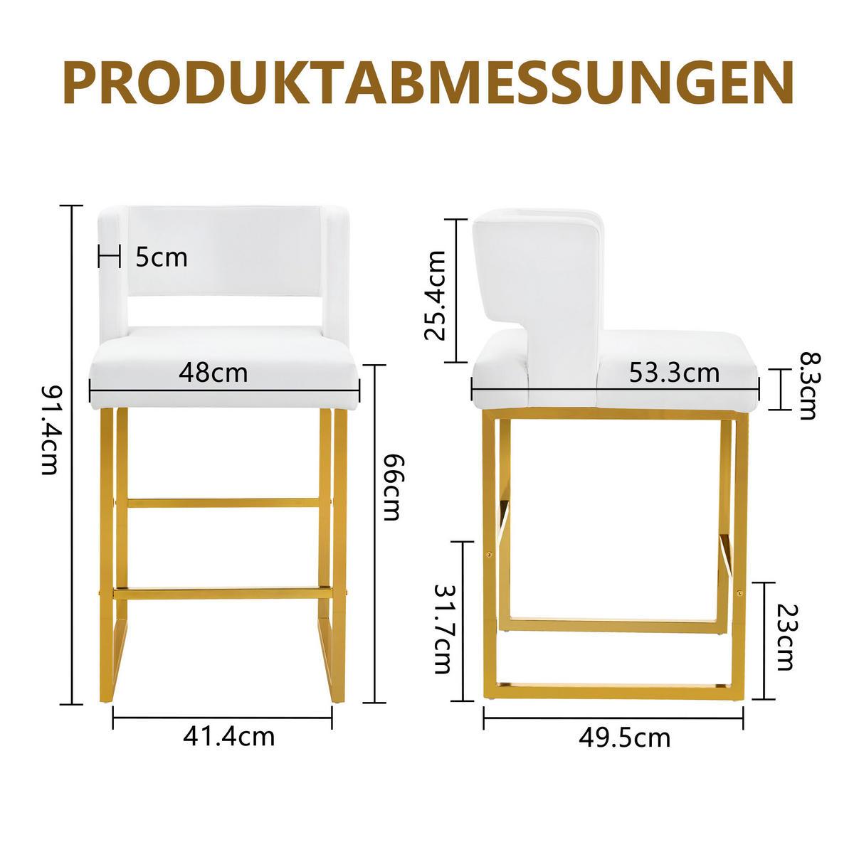 BARSTUHL 2er-Set gepolstert 91,4 cm PU-Leder White+Gold - Goldfarben, Metall (53.3/91.4/48cm) - Meubliv